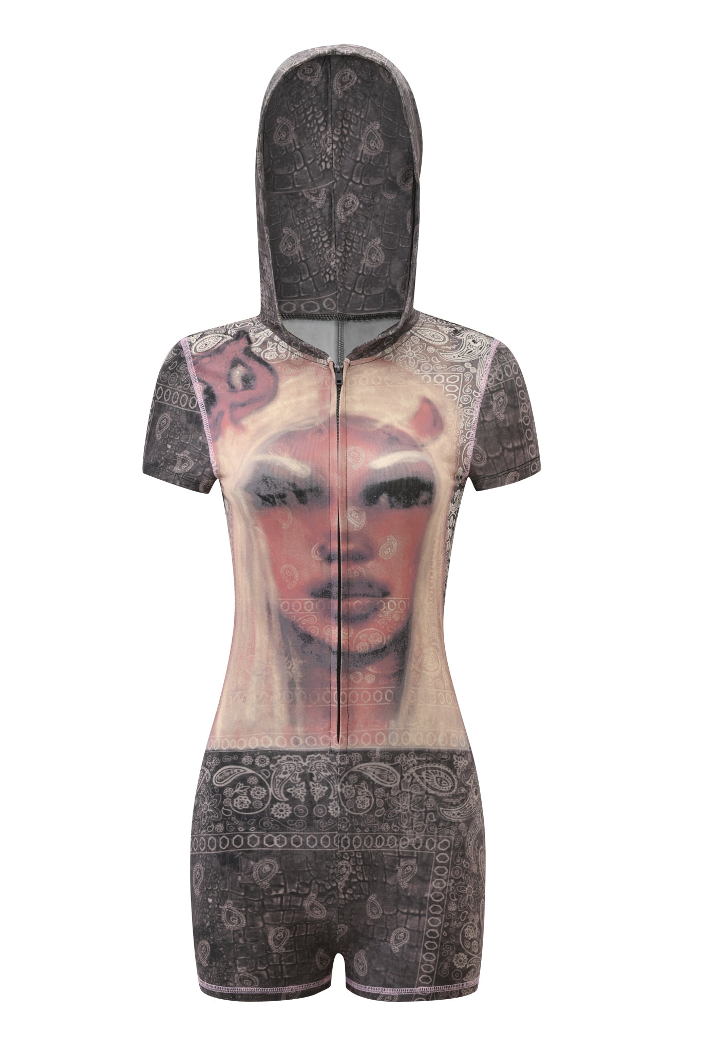 The T-REX BLARE SHORT SLEEVE ROMPER in Charcoal Bandana by I.AM.GIA is a short-sleeved, hooded romper with a central zipper, showcasing a bold printed face graphic on the front and an all-over dark bandana pattern—an ideal festival outfit.