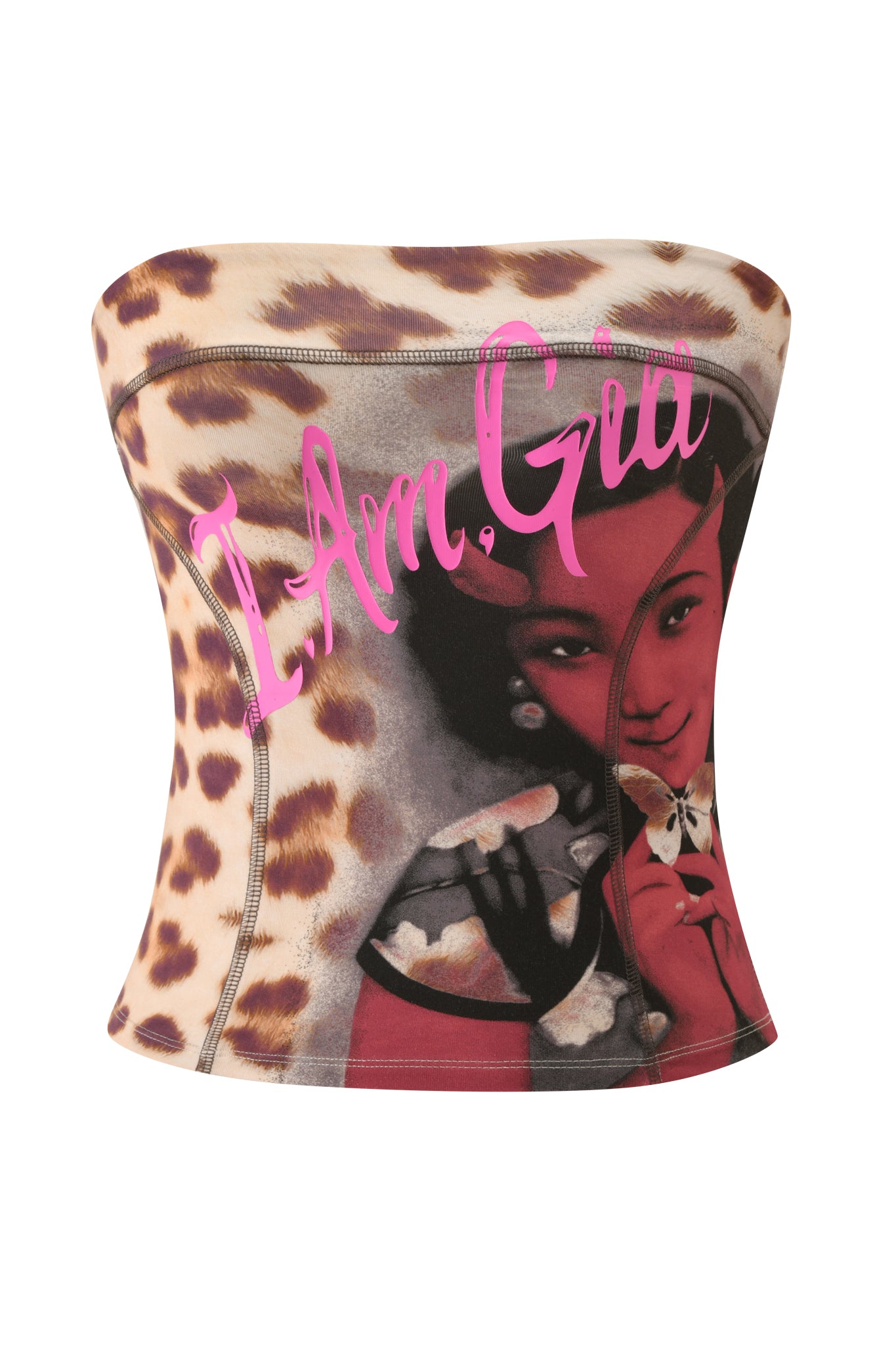 A cheetah print T-REX BLARE BOOB TUBE in the Wild Card colorway from I.AM.GIA, this festival top features pink "I Am Gia" text and a vintage-inspired red-toned graphic of a woman holding a fan.