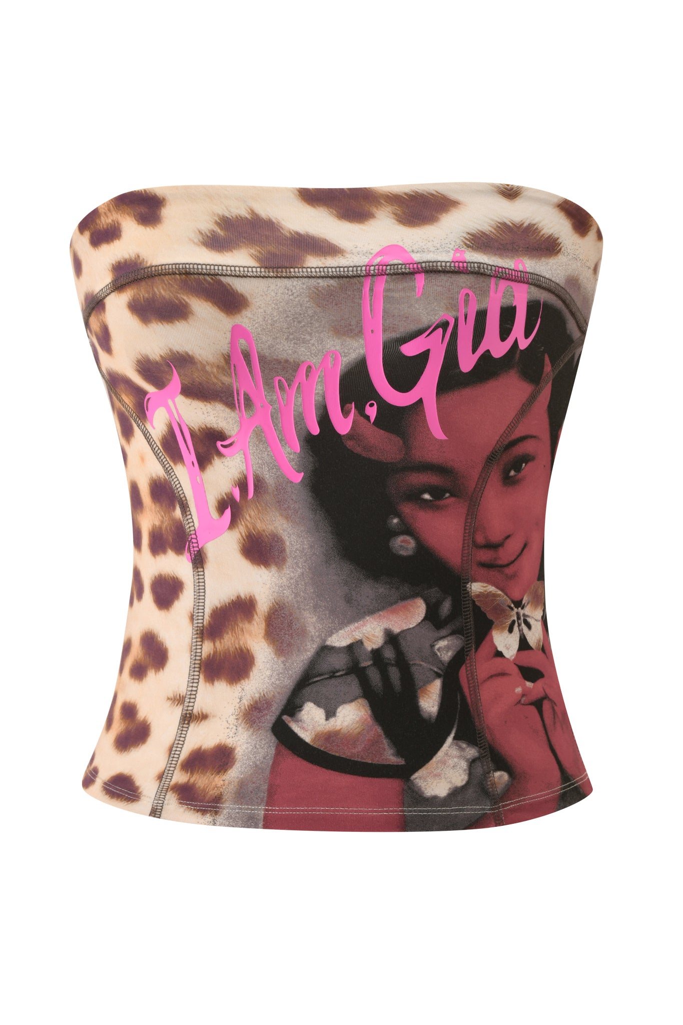 Turn heads at your next festival with the T-REX BLARE BOOB TUBE - WILD CARD by I.AM.GIA—a strapless, cheetah print crop top featuring a vintage-style graphic of a woman and bold pink "I Am Gia" script across the chest, perfect for making a statement.