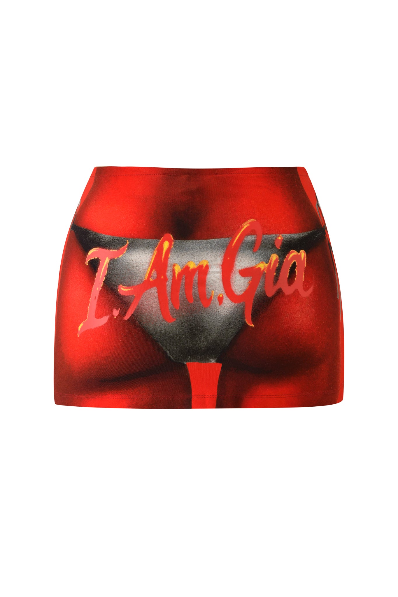 Introducing the T-REX BLARE MINI SKIRT in red by I.AM.GIA, featuring a bold airbrush bikini print and striking gold "I.AM.GIA" text across the front—making it the ultimate head-turning festival skirt.