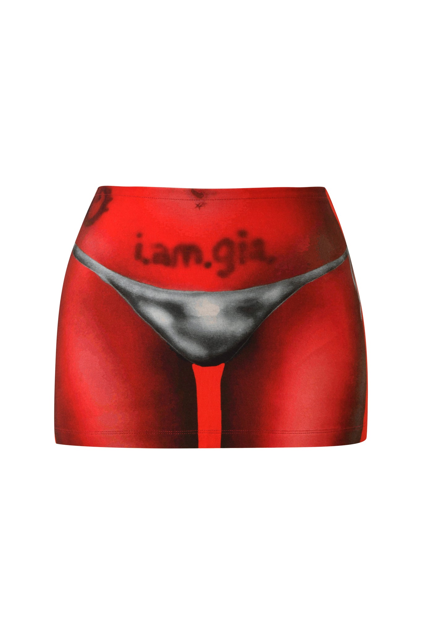 The T-REX BLARE MINI SKIRT - RED by I.AM.GIA is a vibrant red festival mini skirt showcasing a striking airbrush bikini print, an intricately designed waistband, and the "iam.gia" logo positioned above the graphic.