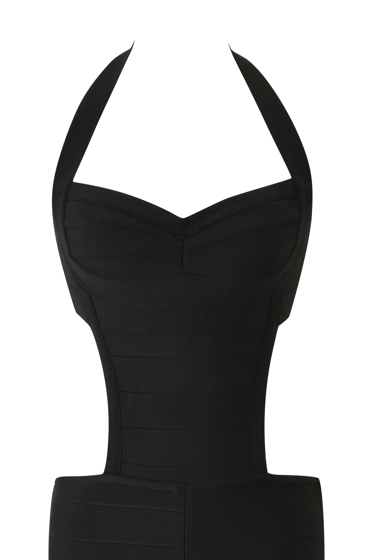 The EVA BANDAGE CAPRI JUMPSUIT by I.AM.GIA is a black halter-style piece featuring a sweetheart neckline and fitted bodice, displayed without a mannequin or model, evoking the sleek silhouette of a black bandage catsuit.