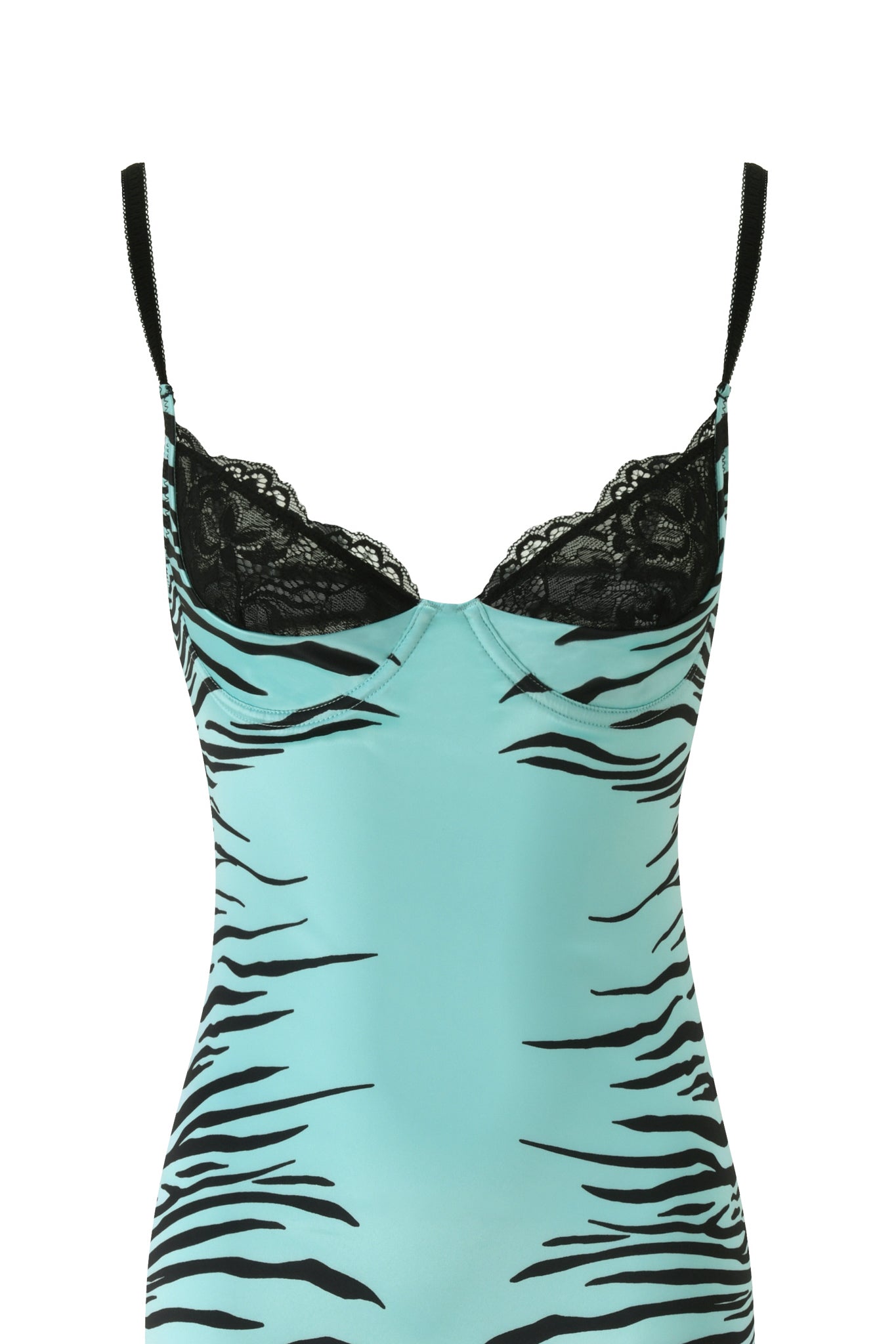 A light blue and black zebra print midi dress, the CASSY MIDI DRESS - AQUA FINE LINE ZEBRA by I.AM.GIA, featuring slender straps and delicate lace detailing on the bodice, displayed against a white background.