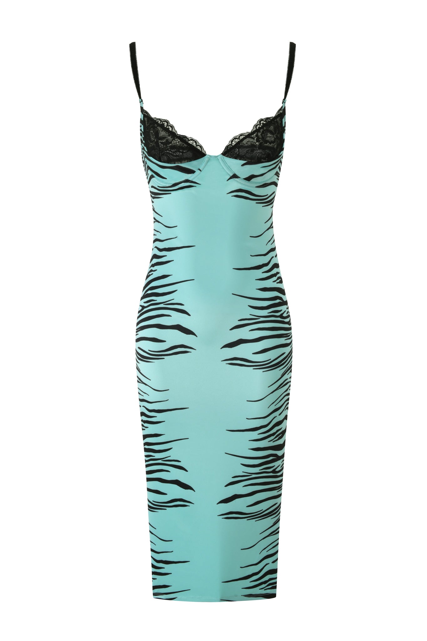 The CASSY MIDI DRESS - AQUA FINE LINE ZEBRA by I.AM.GIA is a sleeveless, form-fitting dress featuring an aqua zebra print with black lace trim at the bust, shown against a white background. This bold bodycon night-out dress boasts striking black stripes and a flattering silhouette—perfect for making a statement.