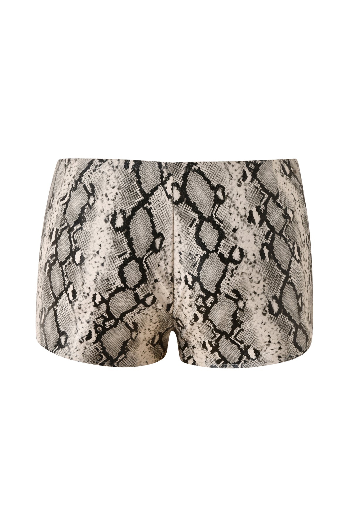 The ALLEGRA HOT SHORT - CREAM SNAKE by I.AM.GIA are faux leather mini shorts featuring a close-fitting, snakeskin-print design in black and beige. Perfect for a night out, these bold and edgy shorts showcase a striking snake scale pattern from the back.