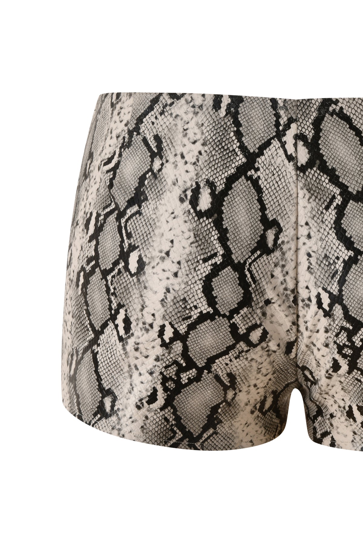 The I.AM.GIA ALLEGRA HOT SHORT - CREAM SNAKE is a pair of fitted mini shorts featuring a black, gray, and beige snakeskin pattern, showcased from the back against a white background. These faux leather snake print shorts are perfect for your next night out.