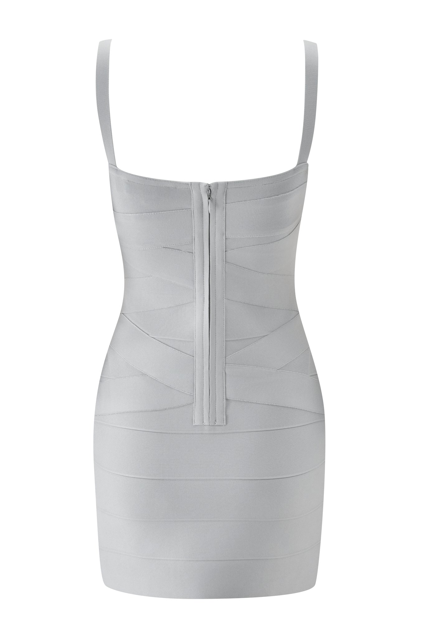 The RAYE BANDAGE LACE MINI DRESS in grey by I.AM.GIA is a light gray, sleeveless mini dress showcased from the back, featuring a prominent central zipper and a bandage-style fabric that highlights its bodycon silhouette.