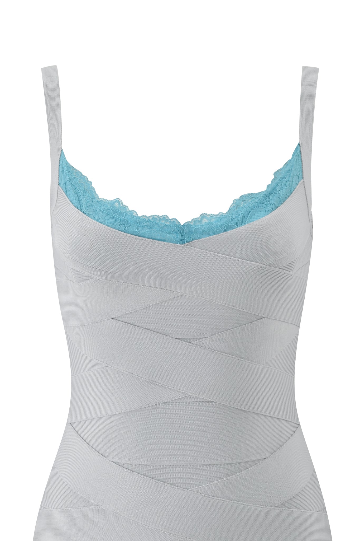 A close-up of the RAYE BANDAGE LACE MINI DRESS in grey by I.AM.GIA, featuring a sleeveless, form-fitting silhouette with a bold neon blue lace trim at the top, displayed on a white background.
