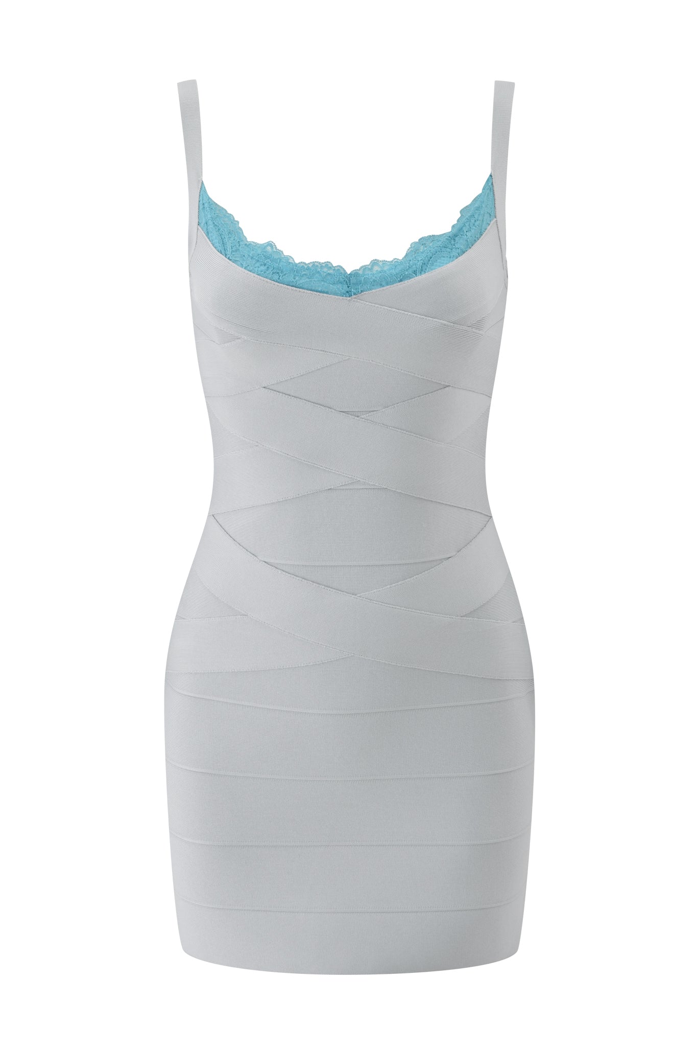 The RAYE BANDAGE LACE MINI DRESS in grey by I.AM.GIA is a light gray, sleeveless bodycon dress with crisscross bandage detailing and a striking neon blue lace trim accenting the neckline, shown against a white background.