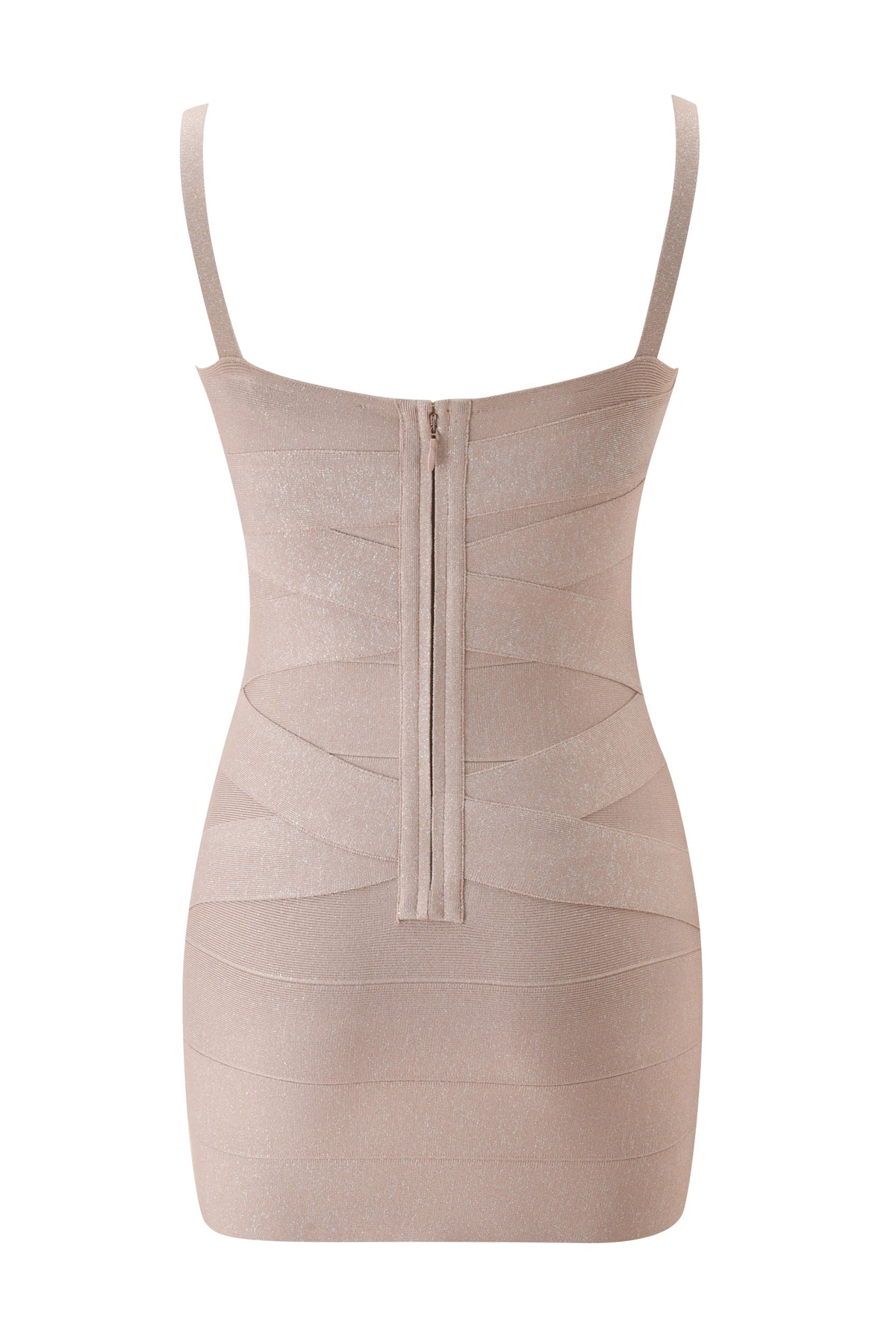 Back view of a sleeveless RAYE SHIMMER BANDAGE LACE MINI DRESS - NEUTRAL SHIMMER, a neutral-toned shimmer bandage mini dress with a center zipper closure.