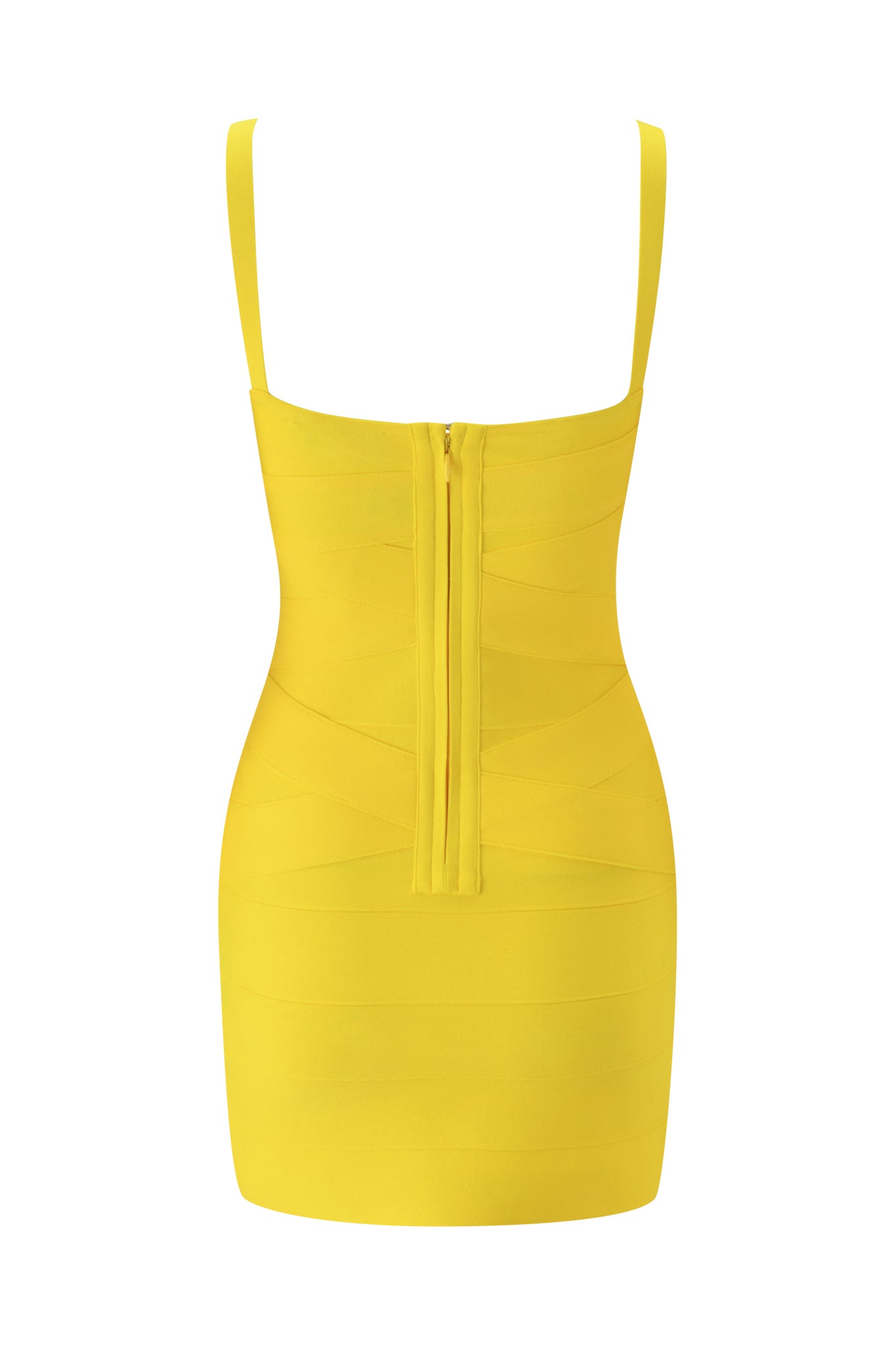 The RAYE BANDAGE LACE MINI DRESS - YELLOW PINK by I.AM.GIA is displayed from the back, showcasing its bright yellow hue, wide shoulder straps, bodycon silhouette, and a visible central zipper running down the middle.