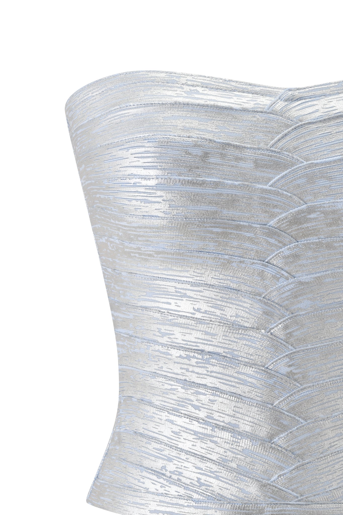A close-up of the I.AM.GIA KHIA BANDAGE BOOB TUBE in metallic blue highlights its strapless, shimmering finish and structured, geometric design that contours the waist, styled seamlessly with a matching metallic blue skirt for a bold bodycon look.