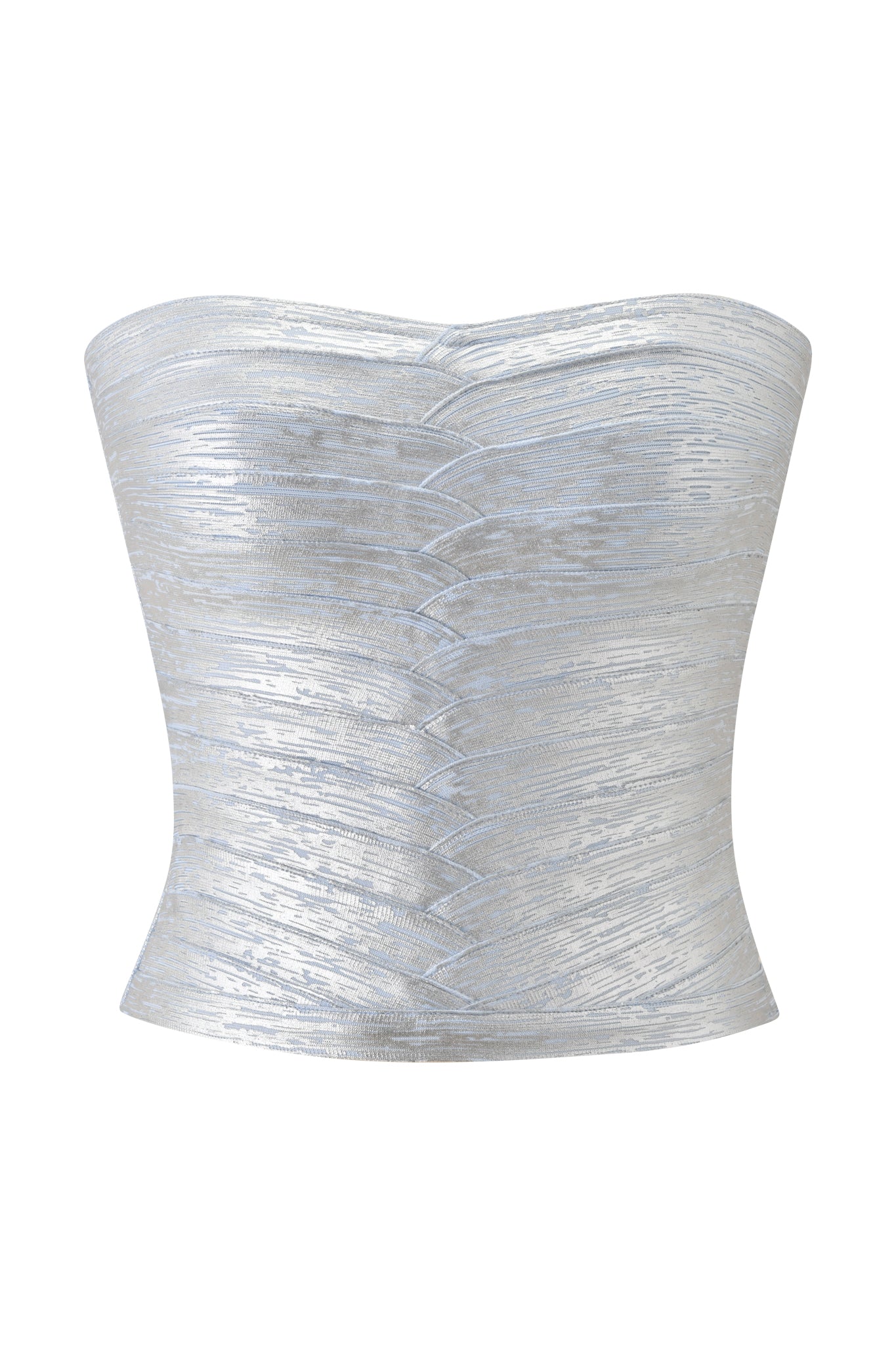 The KHIA BANDAGE BOOB TUBE in metallic blue by I.AM.GIA features a strapless, bodycon fit with textured, shimmering fabric and vertical seam detailing, shown on a white background—ideal for pairing with sleek ensembles.