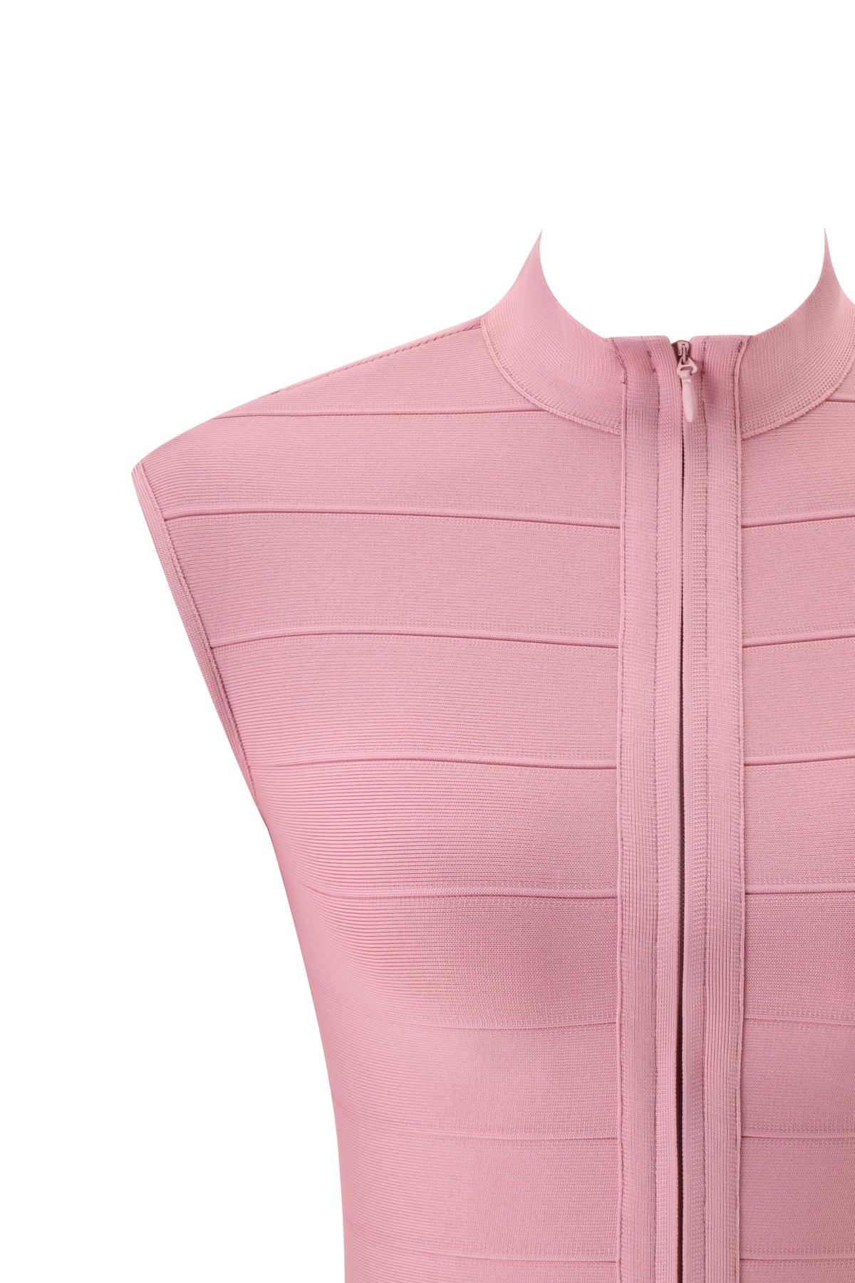 Close-up of the I.AM.GIA ISELA BANDAGE TOP in Dusty Rose—a sleeveless, ribbed piece featuring a mock neck and front zipper. The fabric showcases horizontal textured stripes, accentuating its bodycon, bandage-inspired fit. The zipper is partially open at the collar. The model’s face is not visible.