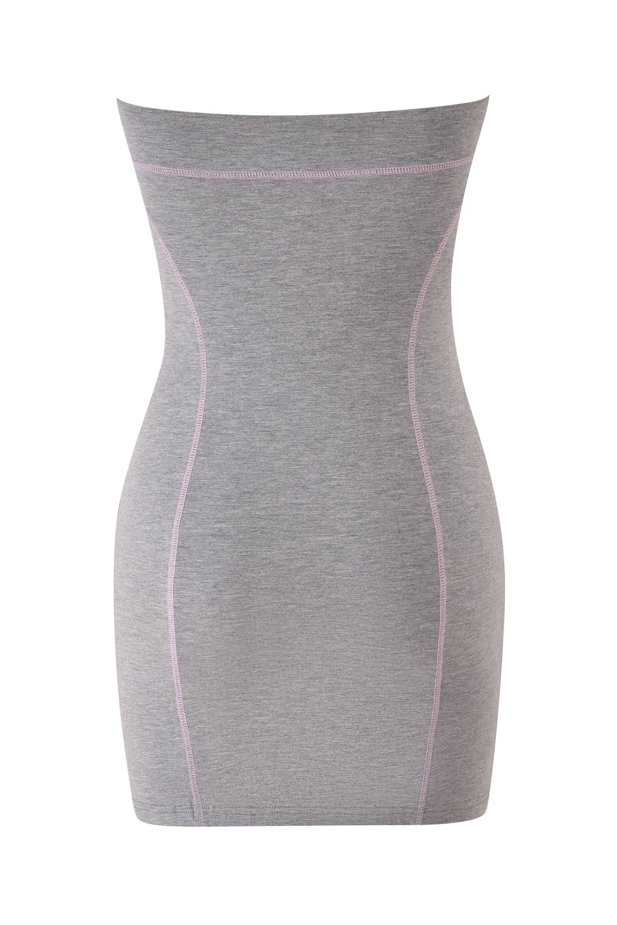 Introducing the BLARE TUBE MINI DRESS in Heather Grey by I.AM.GIA—a seamless, high-waisted mini dress that smooths and contours the waist, hips, and lower stomach. Featuring a fitted silhouette with light pink seam accents, this versatile garment is displayed on a white background.