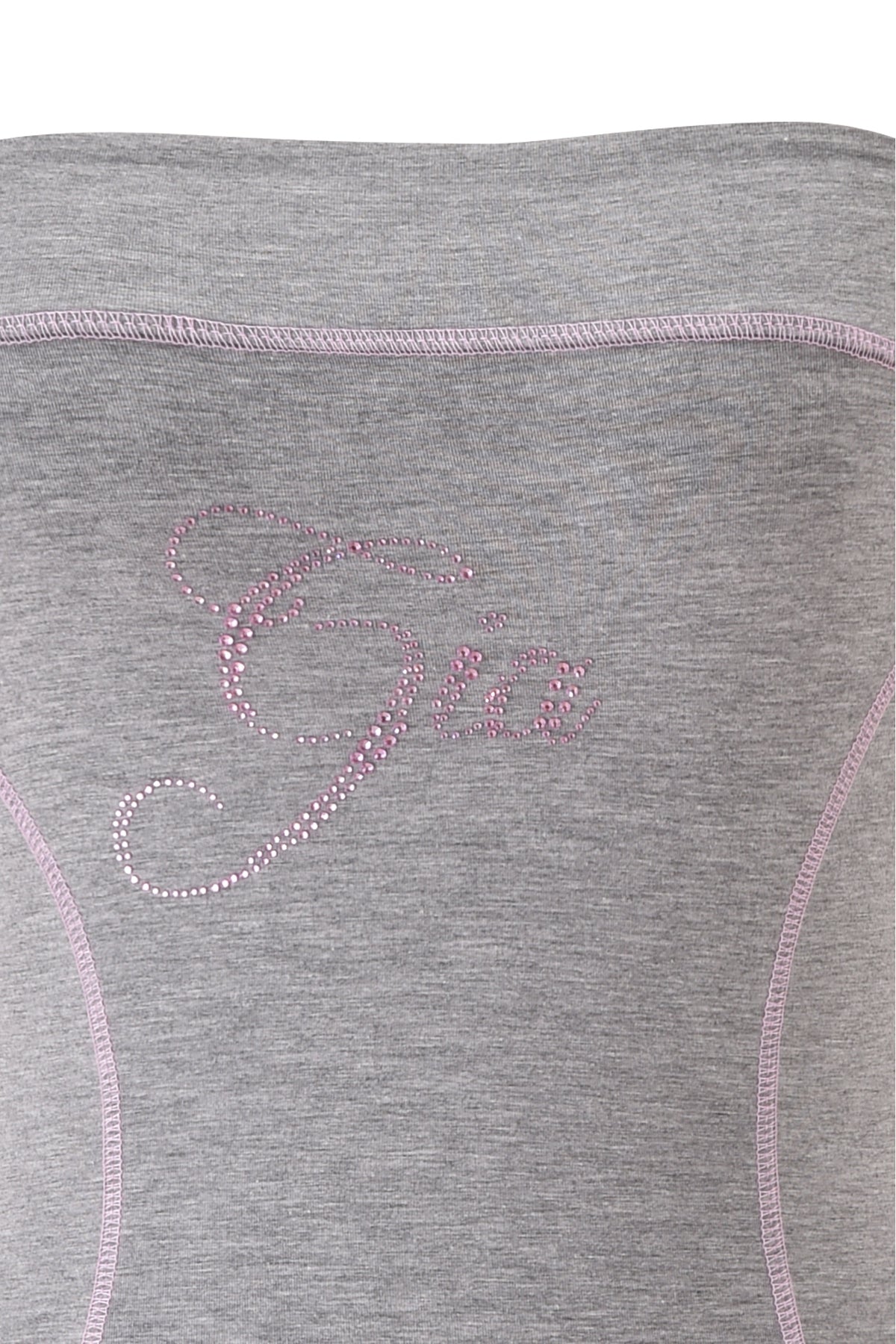 Featuring heather grey fabric with light pink stitching and “Gia” spelled out in small pink rhinestones or studs across the front, this close-up showcases the distinctive details of the I.AM.GIA BLARE TUBE MINI DRESS.