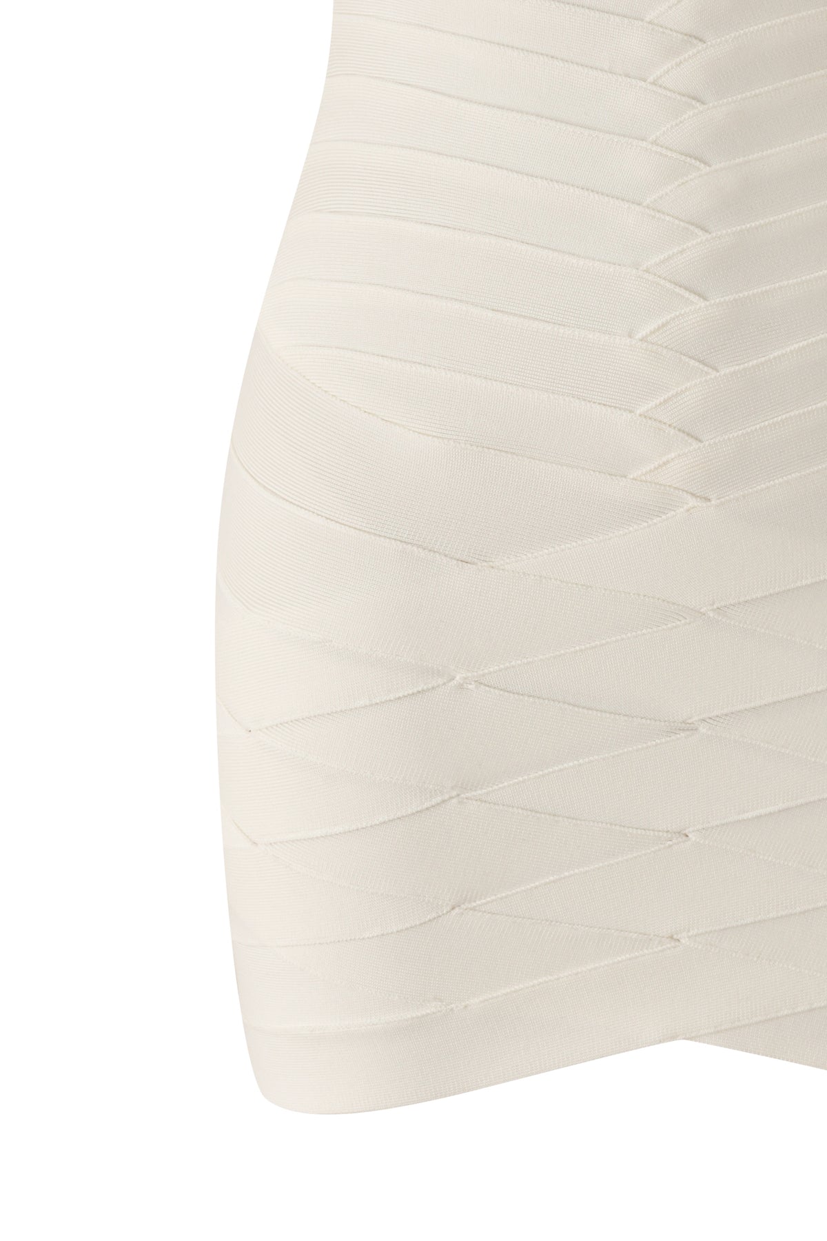 Close-up of the I.AM.GIA KHIA BANDAGE TUBE MINI DRESS in white, a cream-colored, form-fitting piece with diagonal and horizontal textured lines that create a geometric pattern.