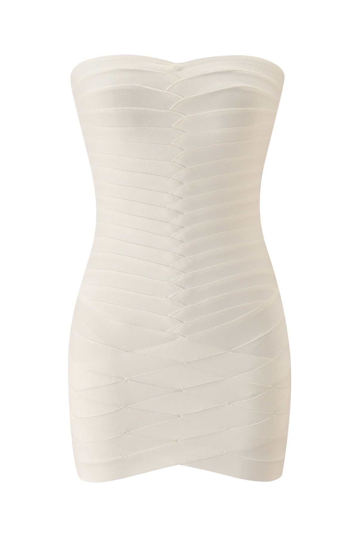 The KHIA BANDAGE TUBE MINI DRESS by I.AM.GIA is a strapless, form-fitting white mini dress, showcased against a white background. It features distinctive horizontal and diagonal band details with a subtle V-shaped pattern down the center. Crafted from bandage knit fabric, this bodycon bandeau dress creates a sleek, sculpted silhouette.