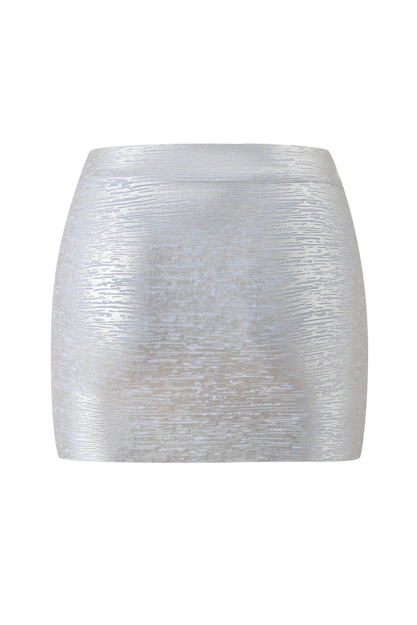 The I.AM.GIA ISELA Platinum Bandage Mini Skirt in metallic blue features a subtle textured pattern and bodycon fit, displayed against a white background.