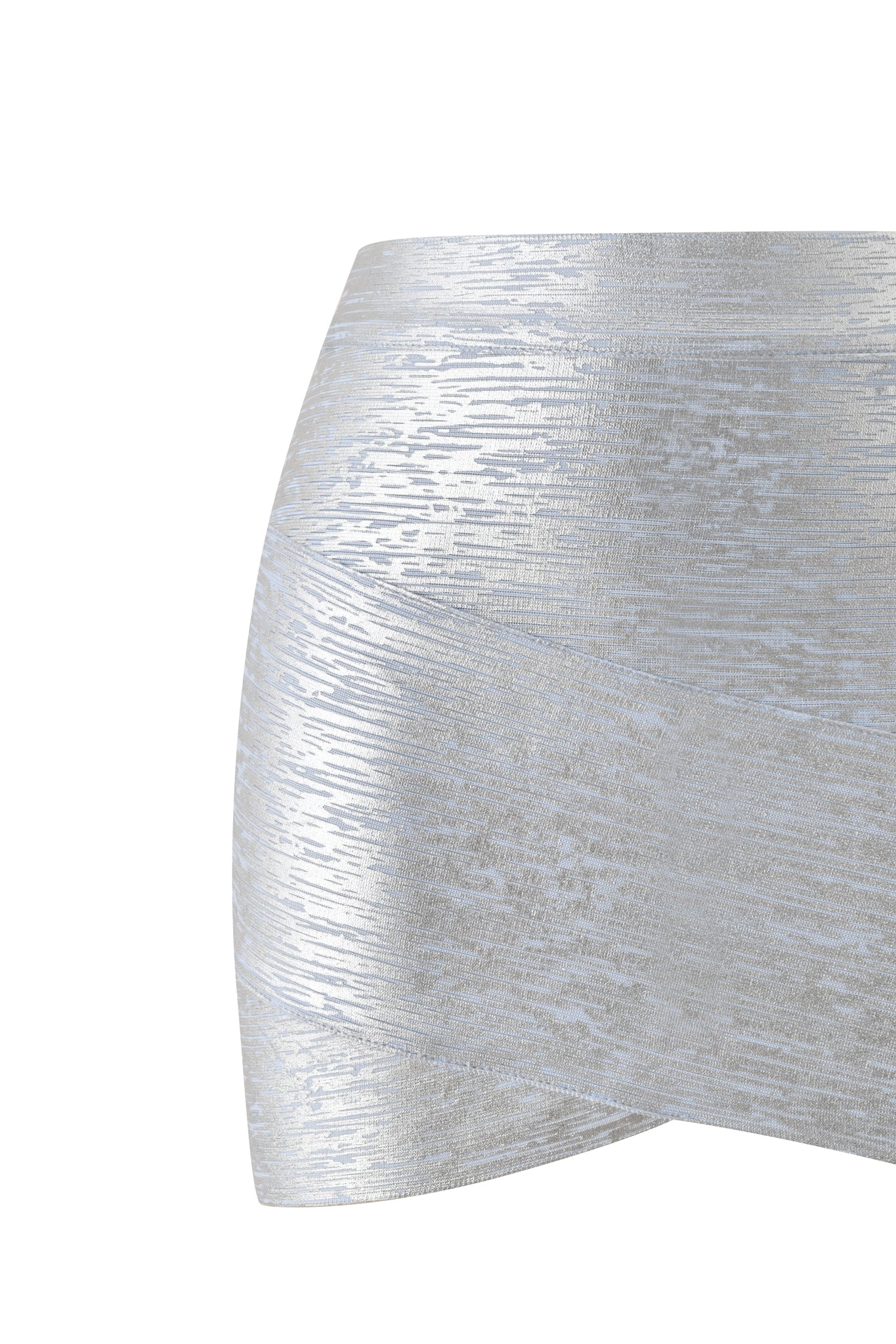 A close-up view of the I.AM.GIA ISELA PLATINUM BANDAGE MINI SKIRT in metallic blue, showcasing its textured, shiny fabric and diagonal wrap-style detailing, designed in a sleek bodycon fit that accentuates the curves.