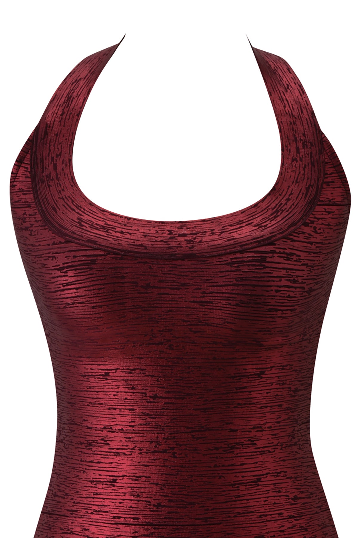 I.AM.GIA SASHYA BANDAGE MINI DRESS - METALLIC CRIMSON, a metallic crimson bandage mini dress with a scoop neckline and a halter strap.