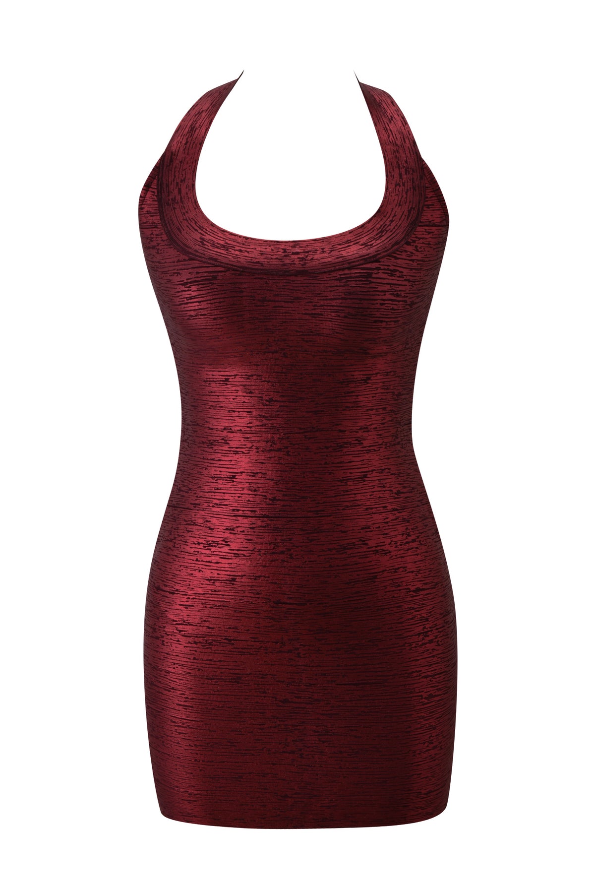 A sleeveless, metallic crimson I.AM.GIA SASHYA BANDAGE MINI DRESS featuring a bodycon mini silhouette and a scoop neckline.