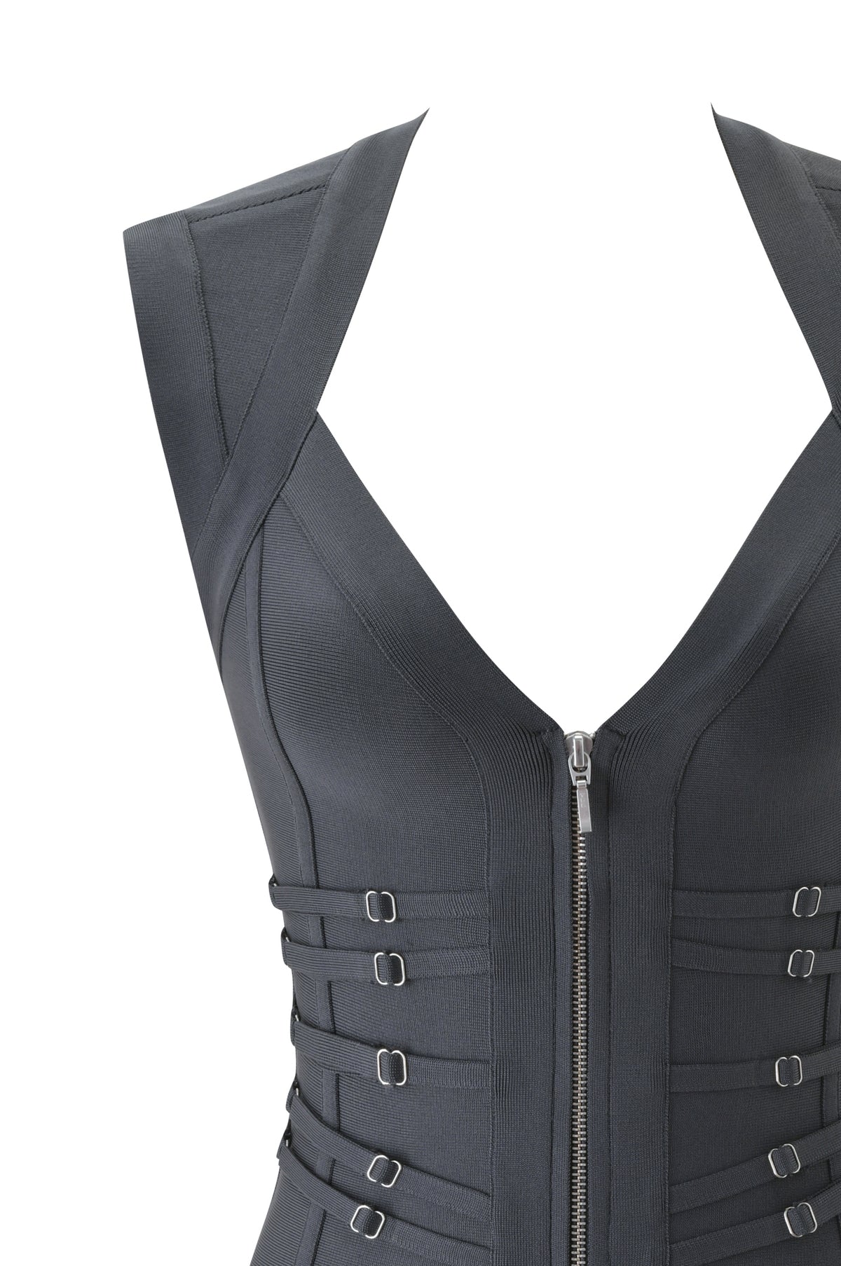 I.AM.GIA VIKKI CAP SLEEVE BANDAGE MINI DRESS in steel grey, featuring a bodycon silhouette with a deep V-neckline, central front zipper, and horizontal strap details with silver-toned metal buckles at the waist.