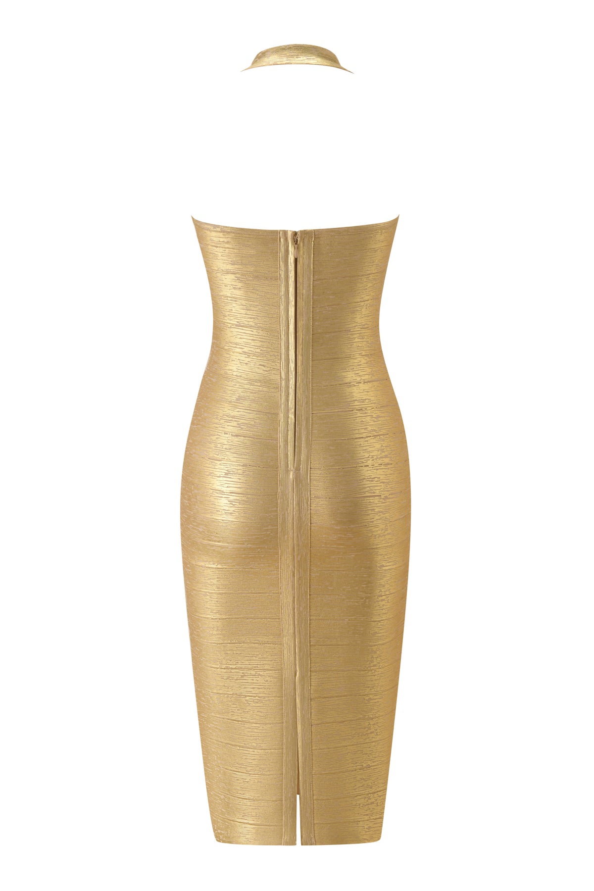 Back view of the AIDEN PLATINUM BANDAGE MIDI DRESS - GOLD, a strapless, premium knit bodycon midi dress featuring a center back zipper.