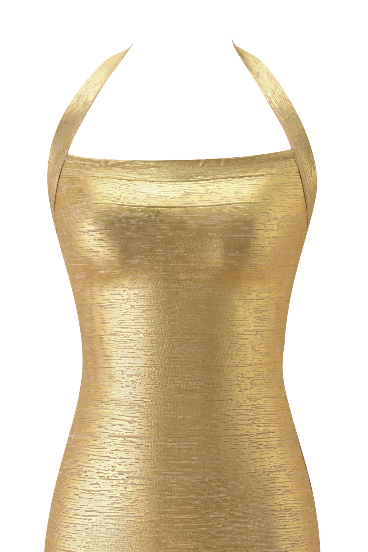 AIDEN PLATINUM BANDAGE MIDI DRESS - GOLD in a metallic finish with a square neckline and halter straps.