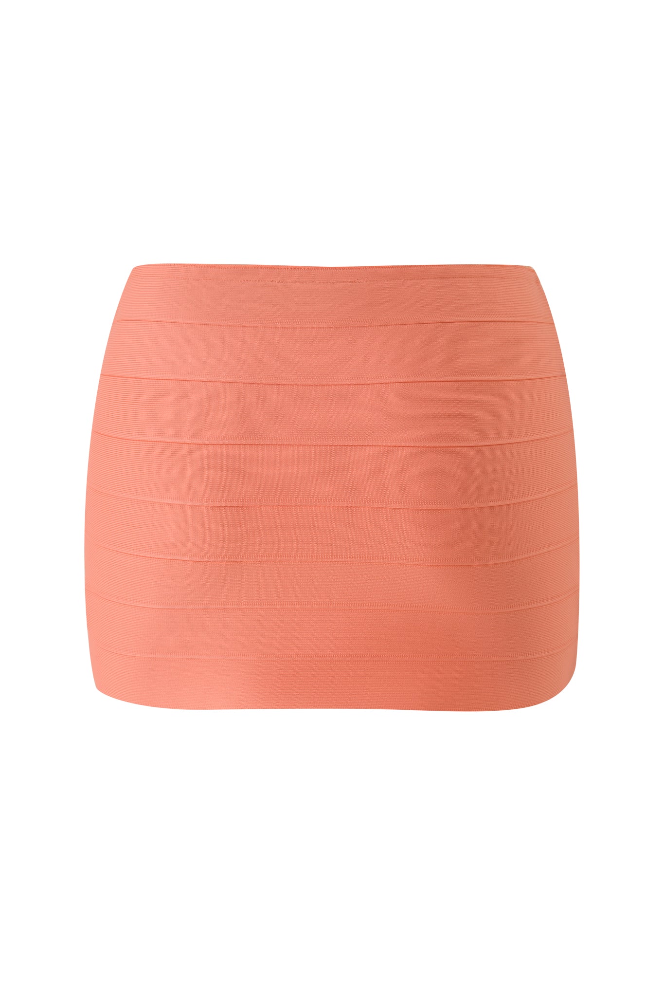 The AIDEN BANDAGE MINI SKIRT by I.AM.GIA in neon peach is a high-waisted, bodycon mini skirt featuring bold horizontal seam detailing, showcased on a plain white background.
