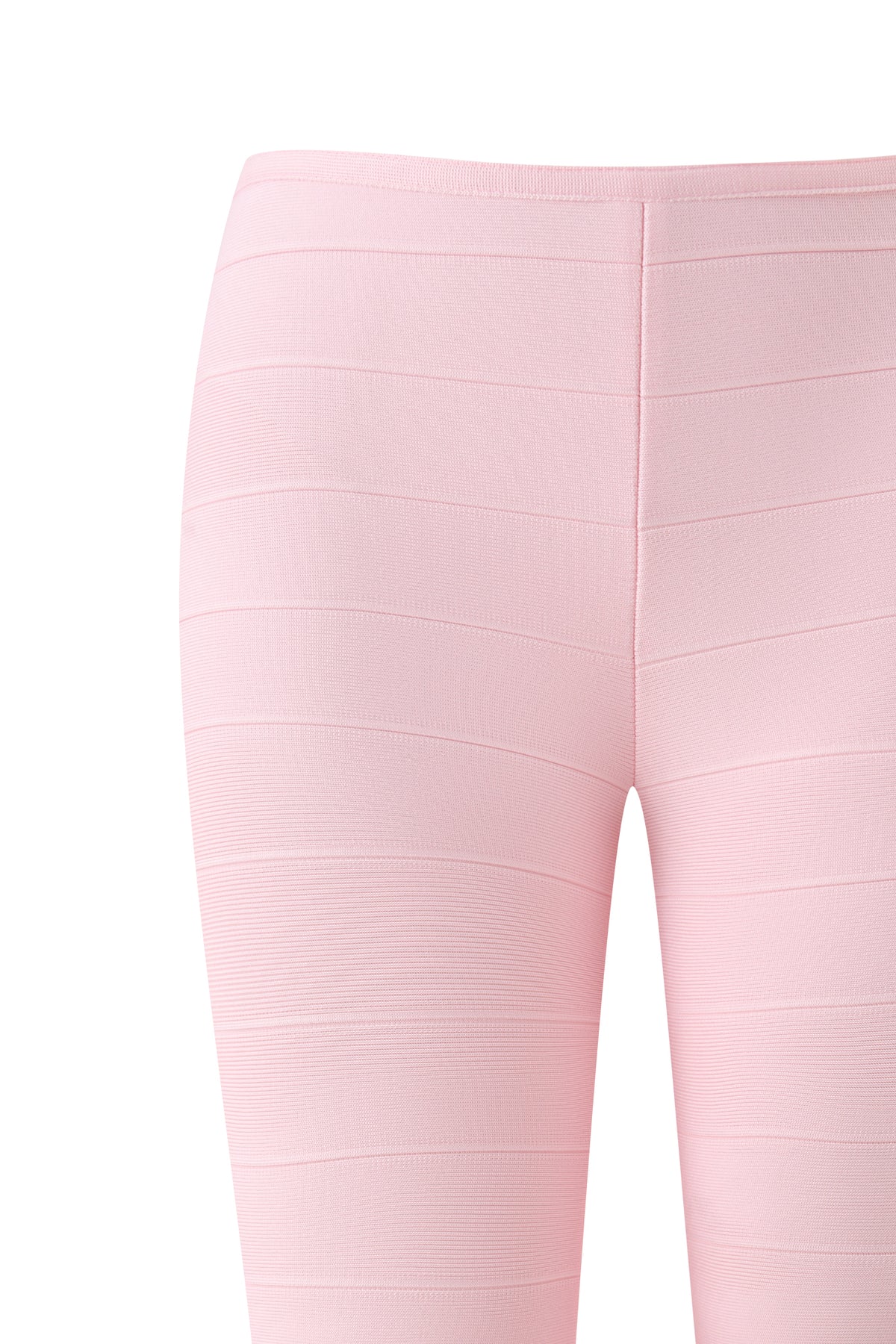 Close-up of the I.AM.GIA MAEVE BANDAGE CAPRI in Baby Pink, featuring high-waisted capri leggings with horizontal textured stripes. The image highlights the smooth, seamless waistband and upper leg area, showcasing a flattering bodycon fit.