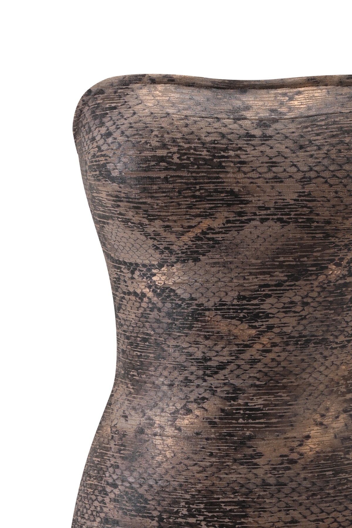 A close-up of the I.AM.GIA NIKA REPTILE BANDAGE MINI DRESS in Bronze Python showcases its strapless, bodycon fit and brown-and-black snakeskin pattern against a white background.