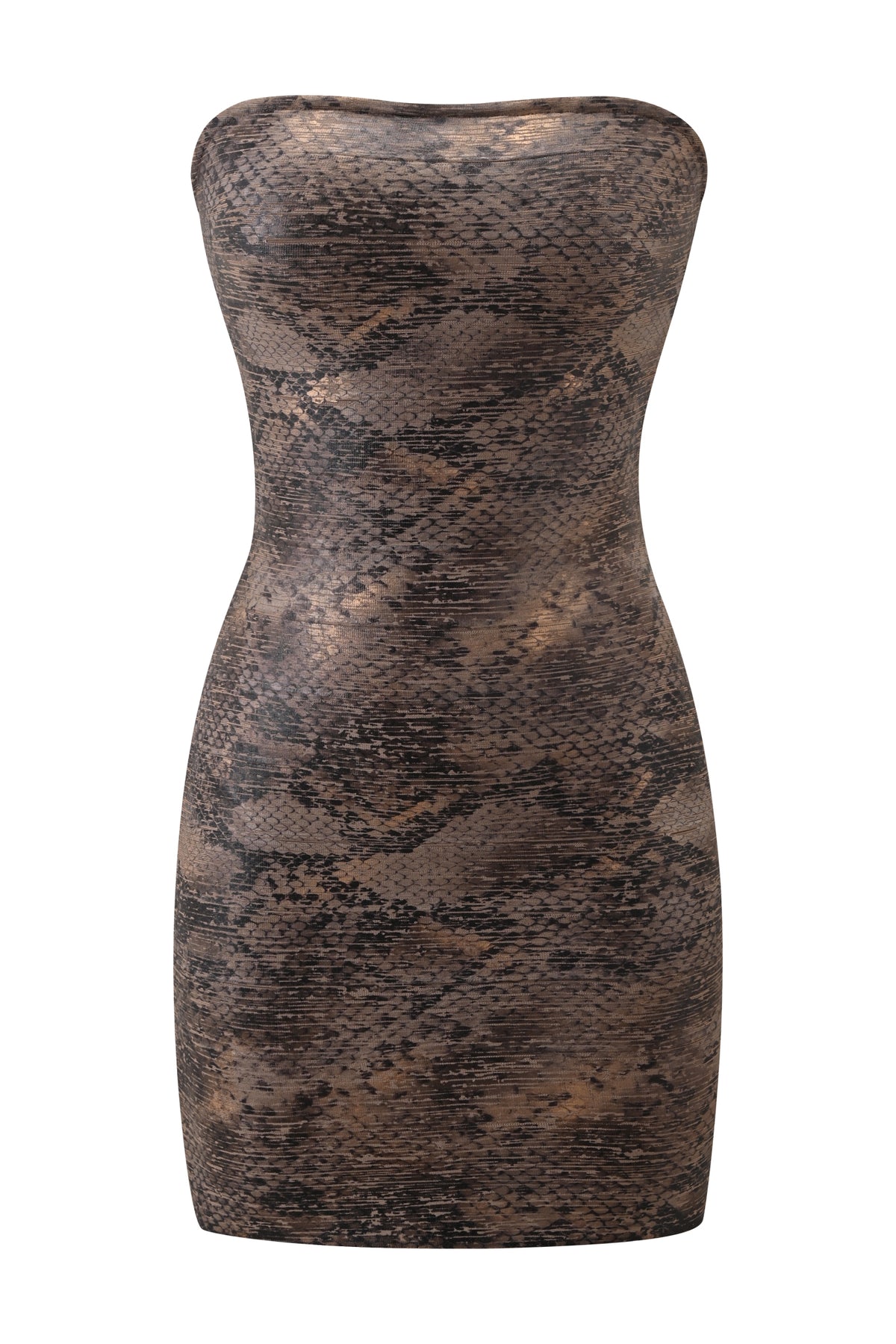 The NIKA REPTILE BANDAGE MINI DRESS - BRONZE PYTHON by I.AM.GIA is a strapless, bodycon mini dress with a striking brown and black snakeskin print. This flattering bronze python bandage-style dress is shown against a plain white background.