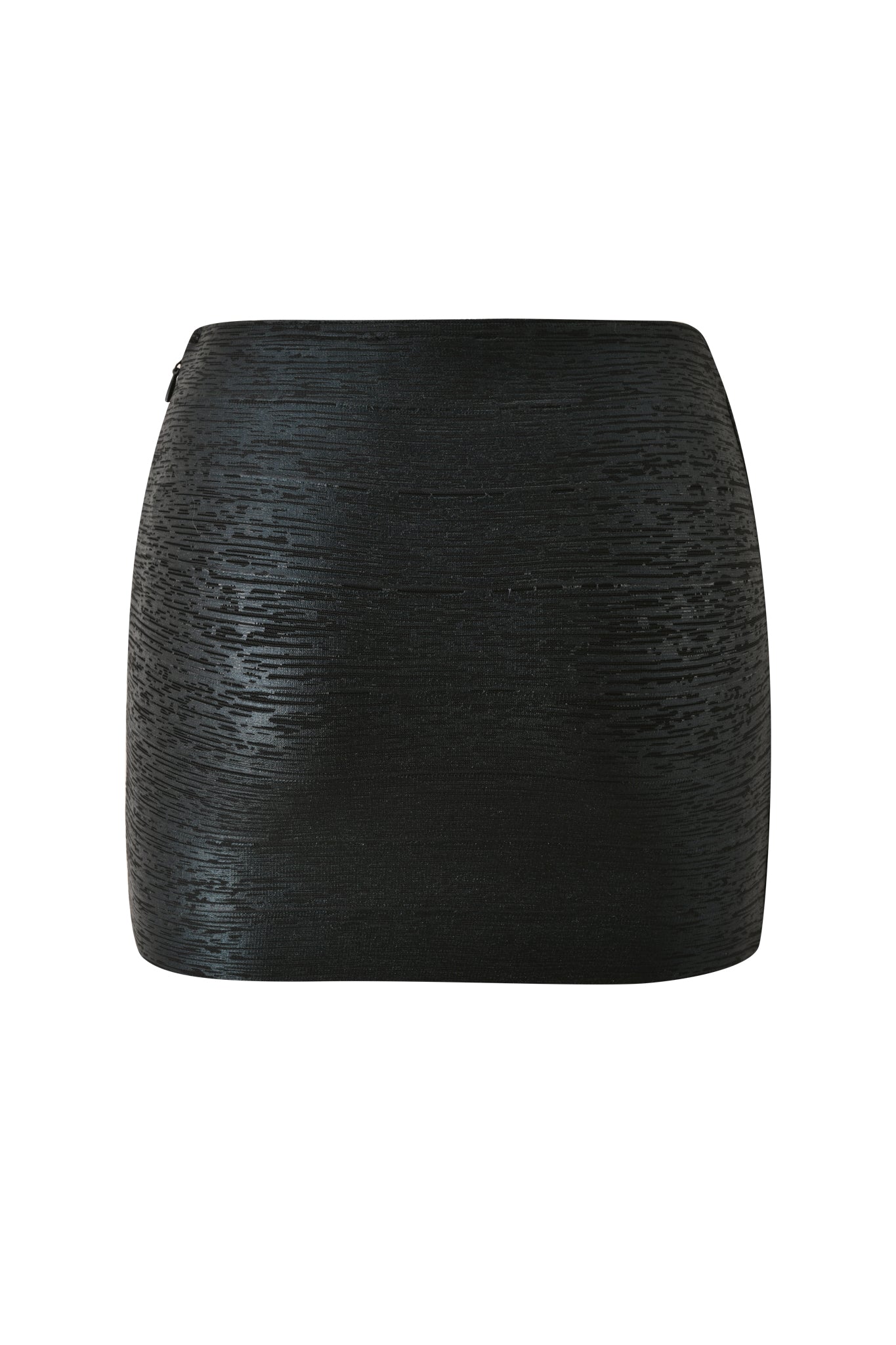 The AIDEN PLATINUM BANDAGE MINI SKIRT in black by I.AM.GIA features a subtle horizontal textured pattern, reminiscent of a classic bandage bodycon style, and is displayed against a white background.