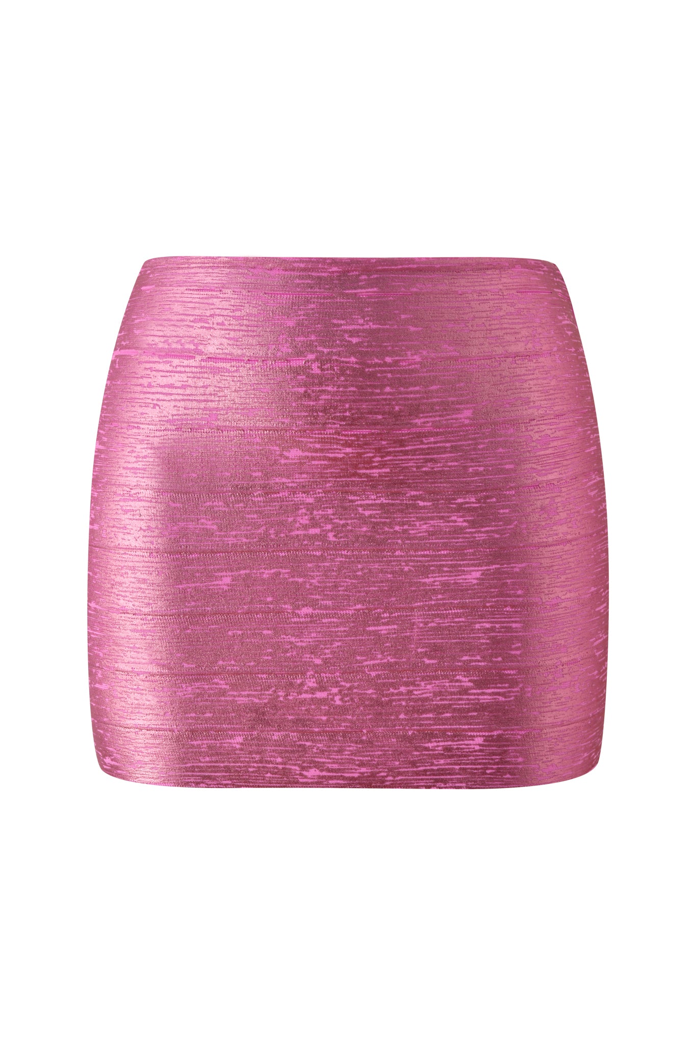 The AIDEN PLATINUM BANDAGE MINI SKIRT in fuchsia by I.AM.GIA features a shiny, metallic finish and a sleek, fitted silhouette, showcased against a plain white background.