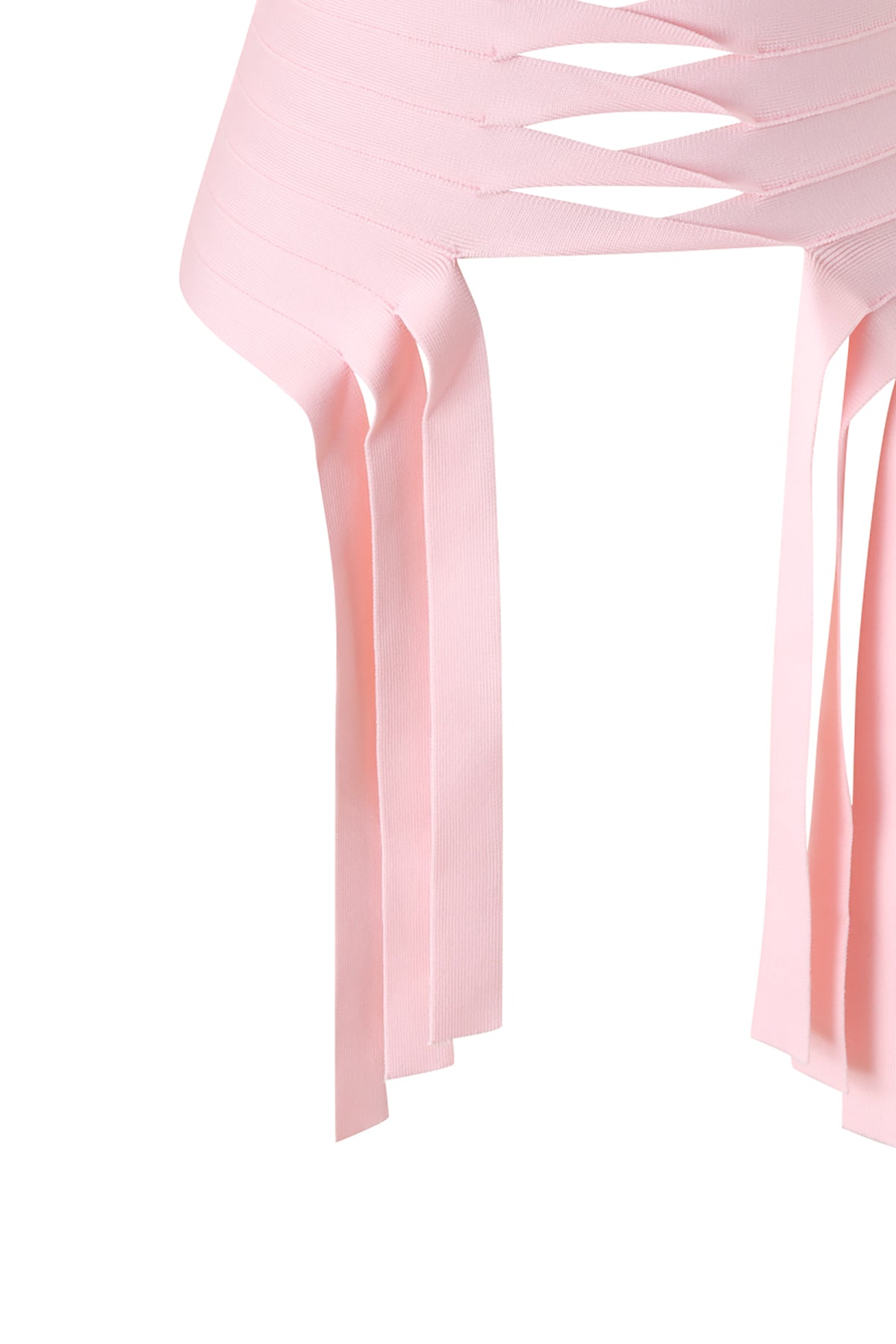 Close-up of the MAEVE BANDAGE TOP in baby pink by I.AM.GIA, featuring horizontal slits and vertical strips that hang down for a layered, textured look. The photo highlights the cutout and fringe details along with the strapless, bodycon fit of this tube top.