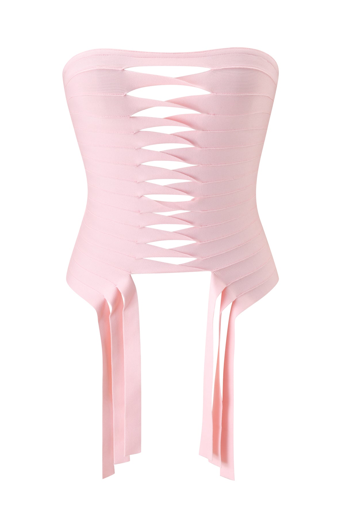 The MAEVE BANDAGE TOP by I.AM.GIA is a light baby pink, strapless corset top with a bodycon fit, featuring horizontal bands that create a lattice pattern at the front and four long ribbon-like straps hanging down.