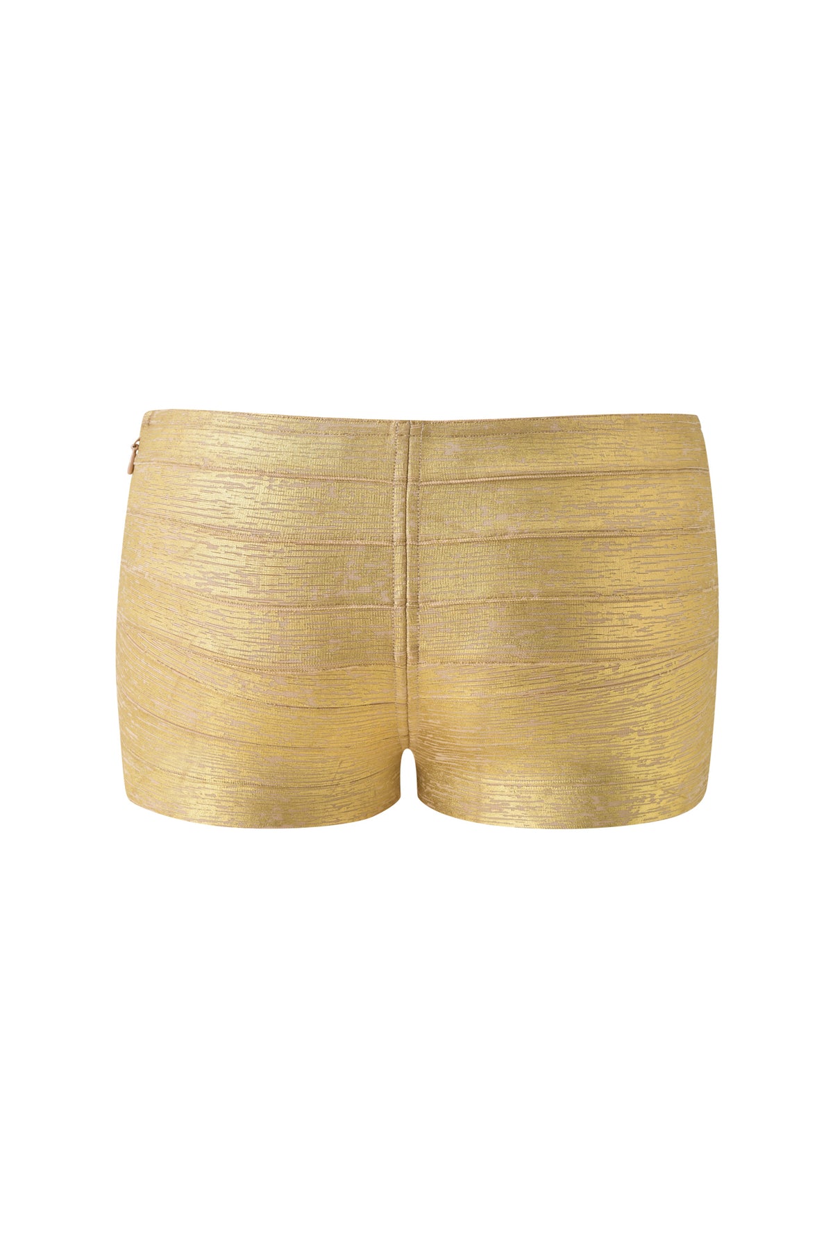 CARMILLA PLATINUM BANDAGE MICRO SHORTS - GOLD in a metallic gold bodycon bandage style with a micro length.