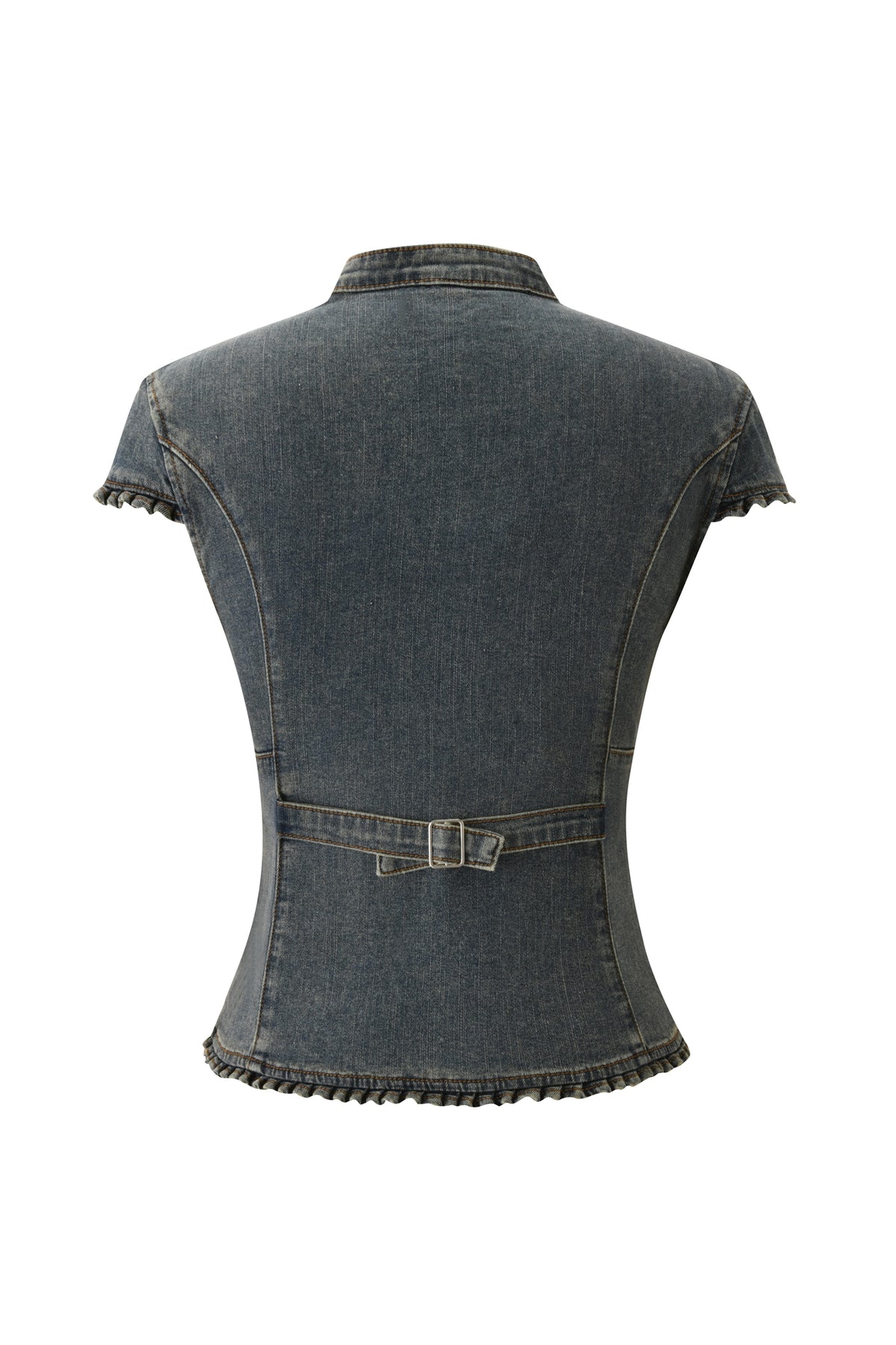 Back view of the JET DENIM TOP - FADED INDIGO by I.AM.GIA, a short-sleeved top in indigo denim featuring a fitted waist, decorative seam lines, a small adjustable back belt, and ruffled trim on the sleeves and hem—perfect for fans of modern Y2K style.