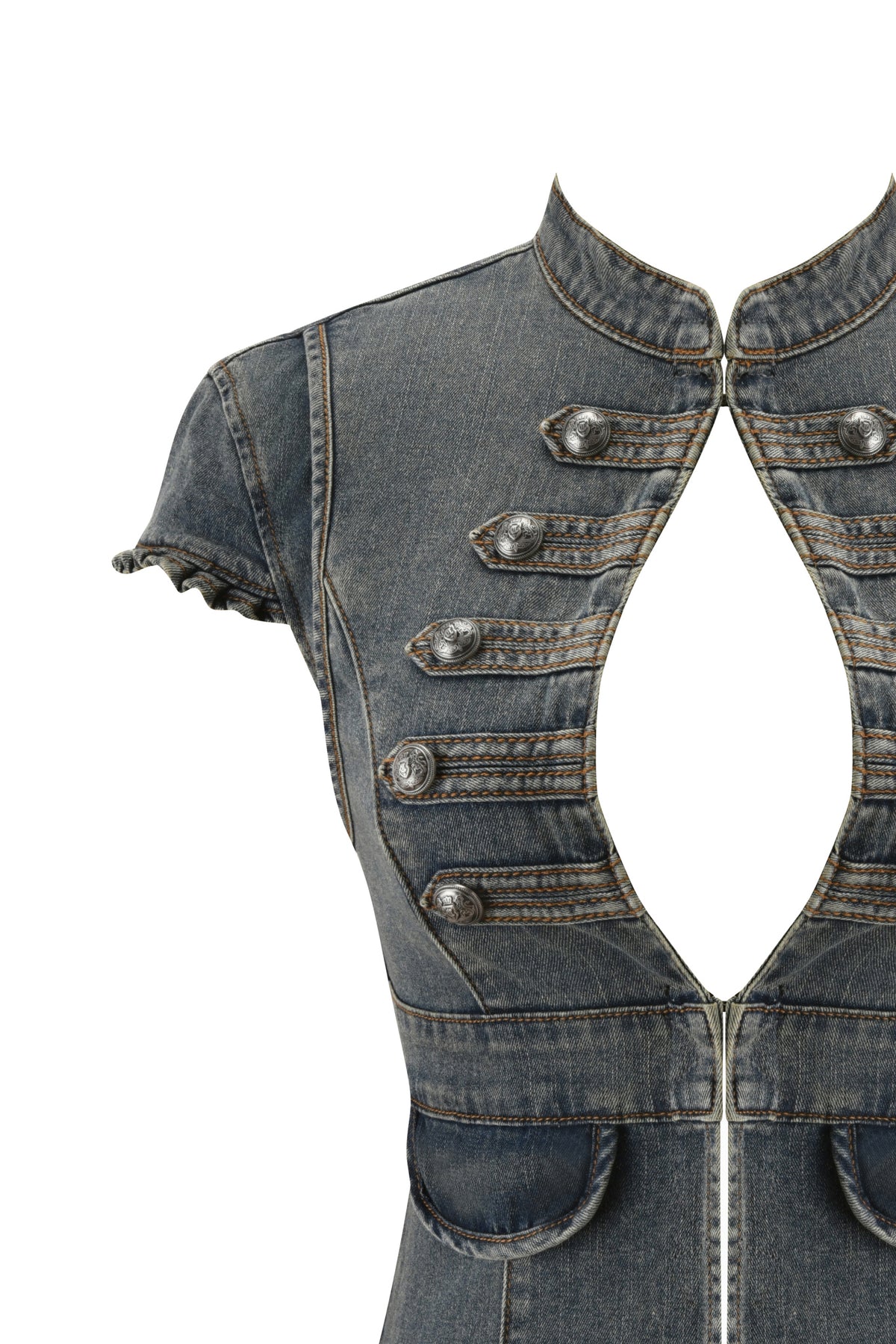 Close-up of the I.AM.GIA JET DENIM TOP - FADED INDIGO, featuring short sleeves, decorative buttons, a keyhole cutout at the chest, and visible stitching details—perfect for creating bold Y2K-inspired looks. Isolated on a white background.