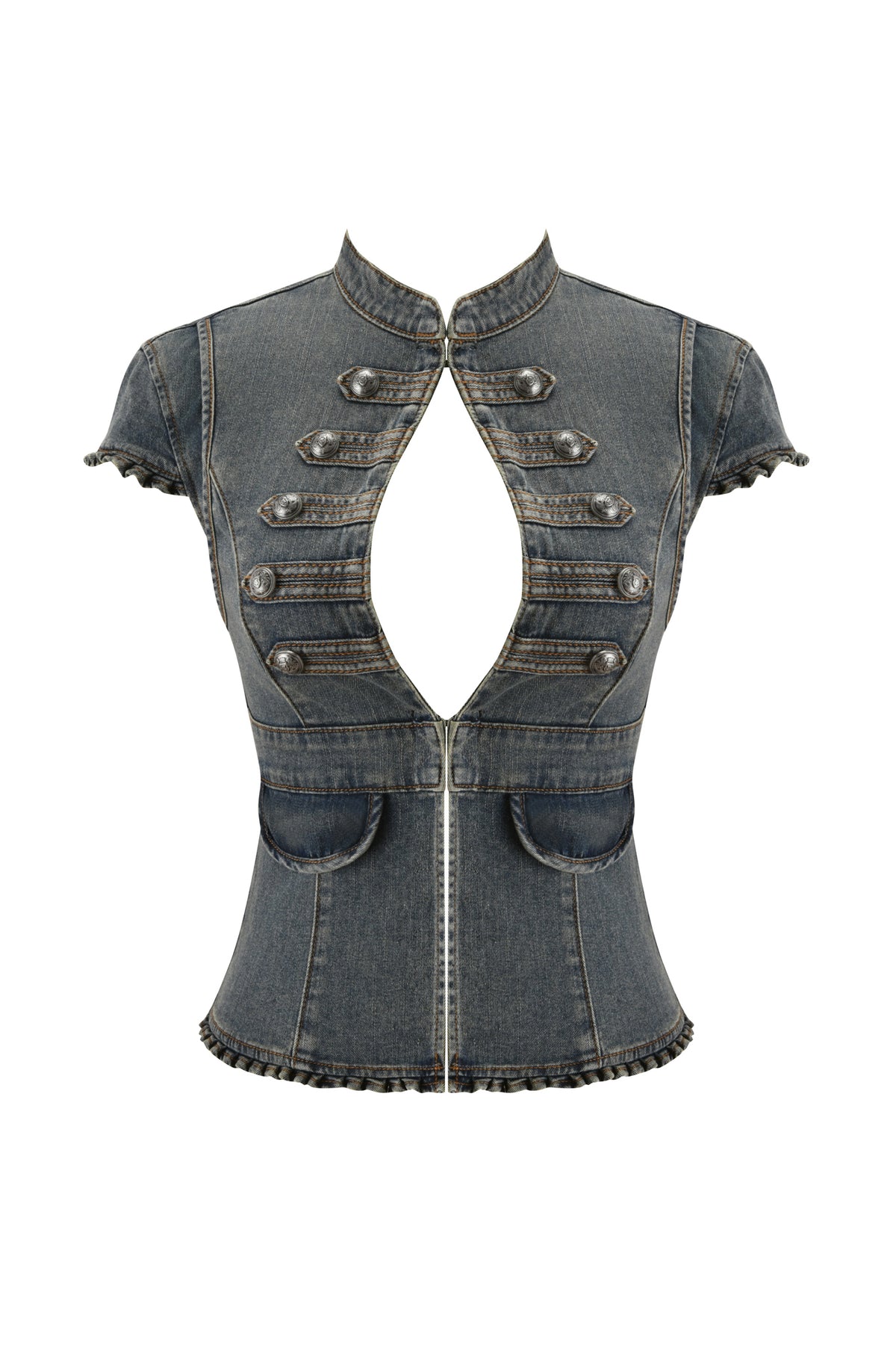 Elevate your Y2K looks with the JET DENIM TOP - FADED INDIGO by I.AM.GIA, a fitted short-sleeve indigo denim piece featuring decorative buttons, a mandarin collar, keyhole front cutout, two front pockets, and ruffled detailing at the sleeves and hem.
