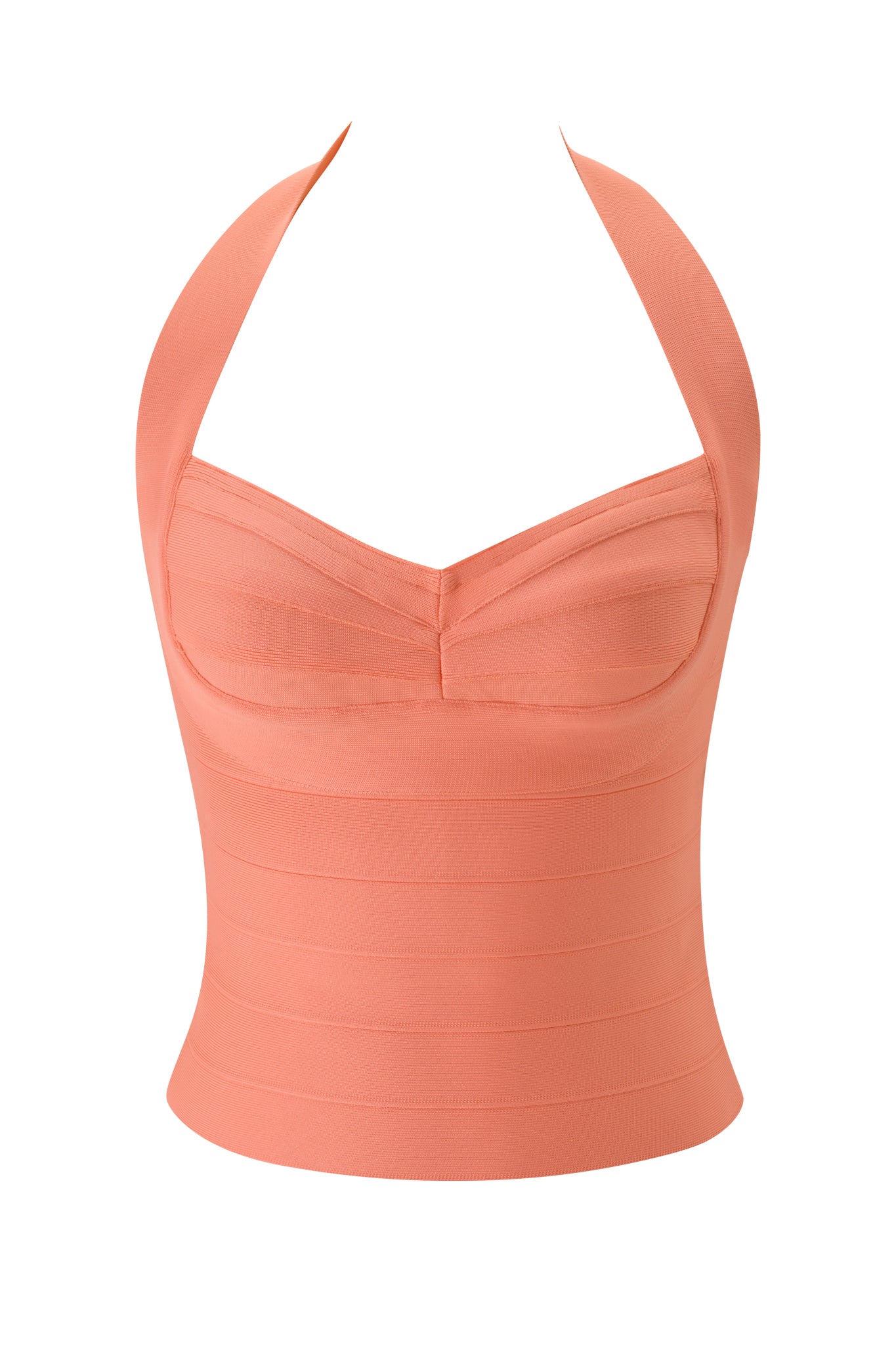 The ROSELLA BANDAGE TOP - NEON PEACH by I.AM.GIA features a peach-colored, halter neckline with wide straps and a cropped length. Designed with a sweetheart neckline and ribbed, fitted bandage detailing, this top sculpts the bust for a flattering silhouette. Finished without any visible back closure.
