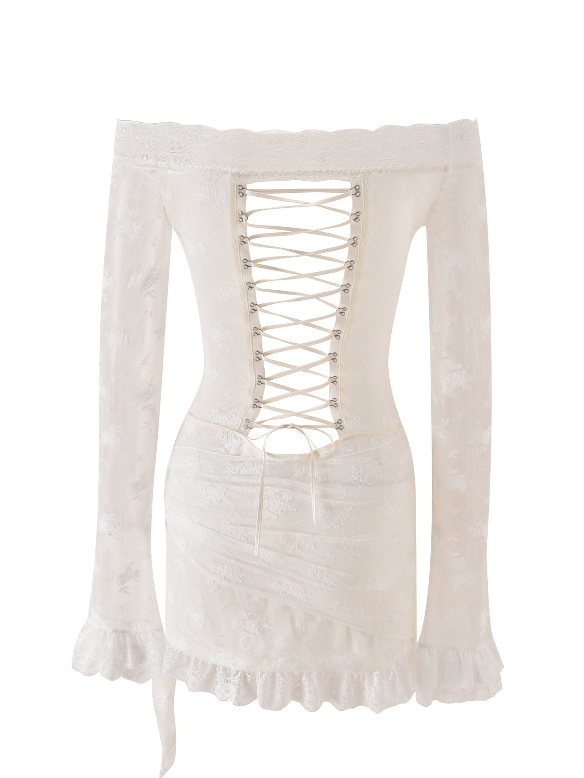 The BONNY MINI DRESS in cream by I.AM.GIA features long sleeves with ruffled cuffs and hem, a romantic off-the-shoulder neckline, and a back lace-up corset detail. Its subtle floral pattern adds vintage-inspired elegance, making it the perfect choice for special occasions.
