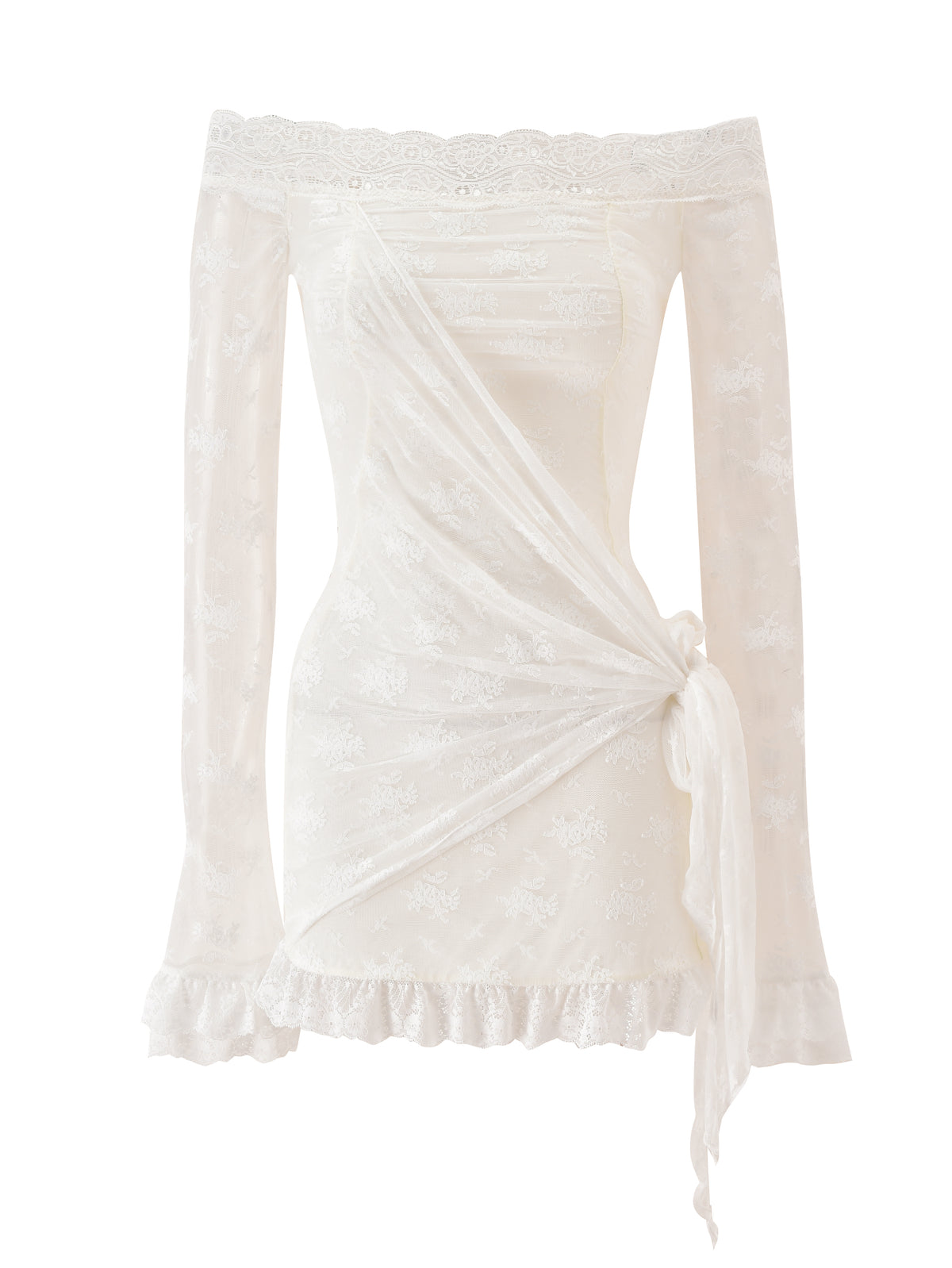 The BONNY MINI DRESS - CREAM by I.AM.GIA features an off-the-shoulder design with long sleeves, a sheer lace overlay, ruffled hem, and a side-tied wrap detail. This vintage-inspired mini dress effortlessly combines romantic charm with modern elegance for a timeless appeal.