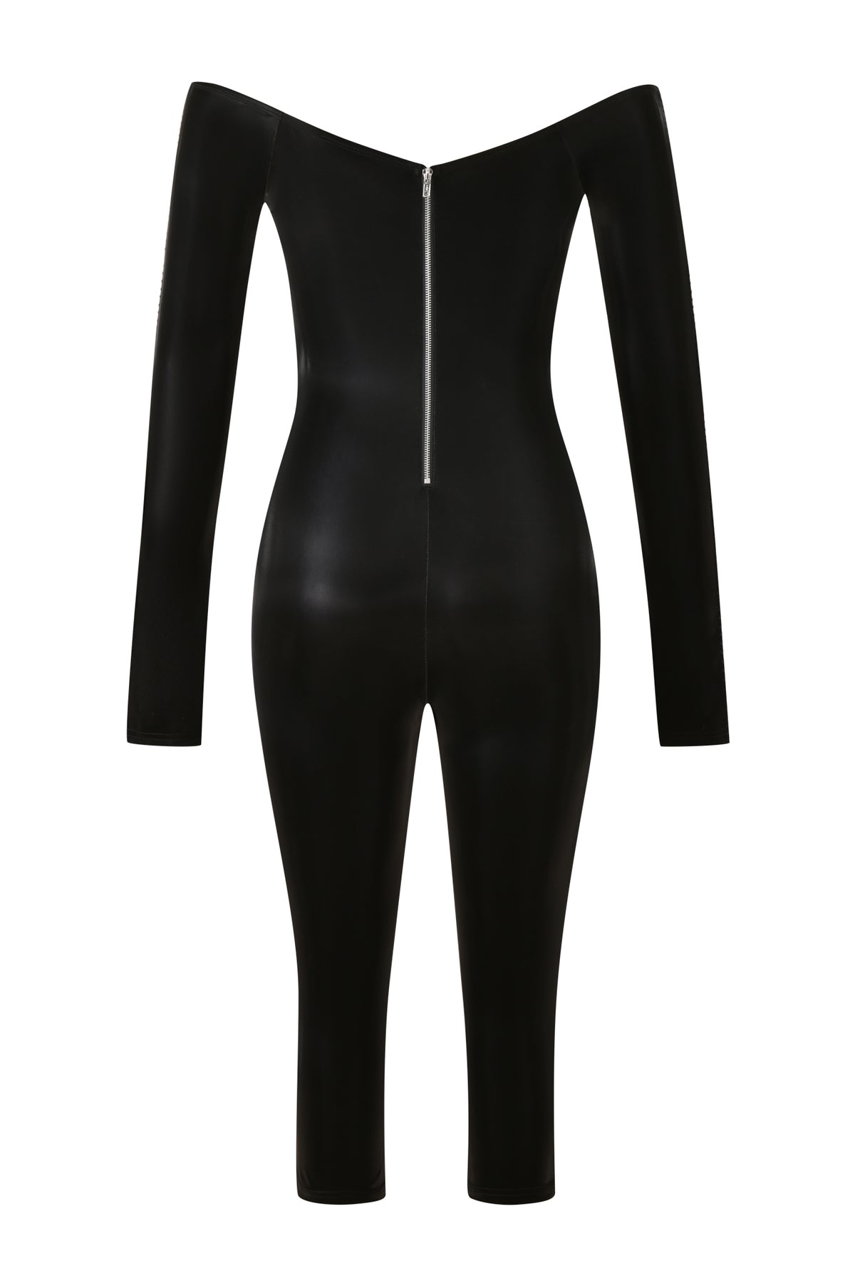 KLARA OFF SHOULDER CATSUIT - METALLIC BLACK, an off-the-shoulder long-sleeve catsuit in metallic black with a center back zipper.