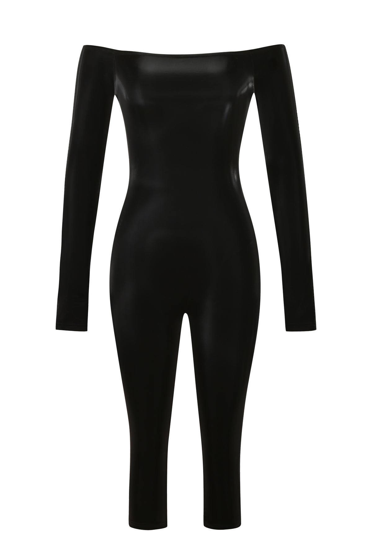 KLARA OFF SHOULDER CATSUIT - METALLIC BLACK, an off-the-shoulder long-sleeve metallic black catsuit.