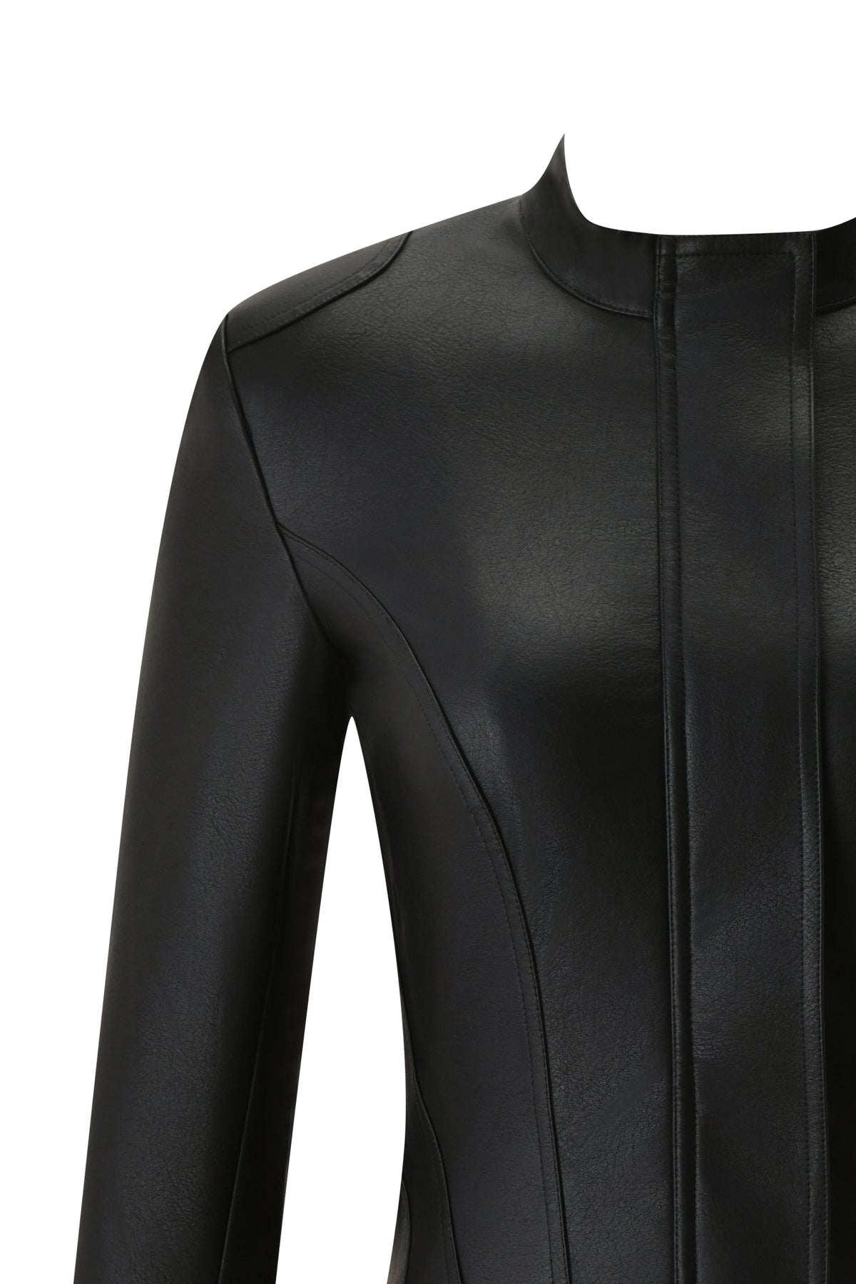 A close-up photo of the I.AM.GIA DUA PU JACKET in black, a fitted faux leather jacket with a high collar and seam detailing, displayed against a plain white background.