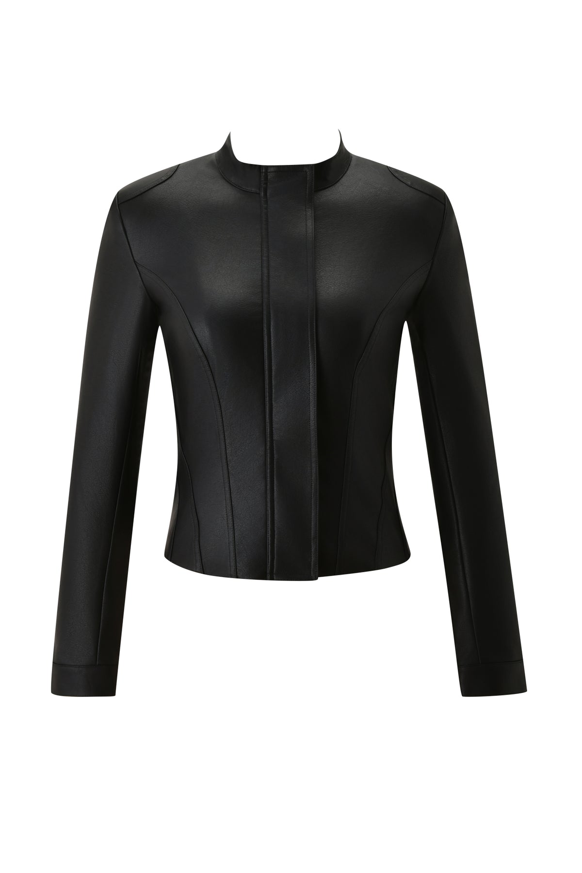 The I.AM.GIA DUA PU JACKET - BLACK is a fitted, collarless women’s faux leather jacket featuring long sleeves, front seam detailing, and a sleek minimalist design, shown against a white background.