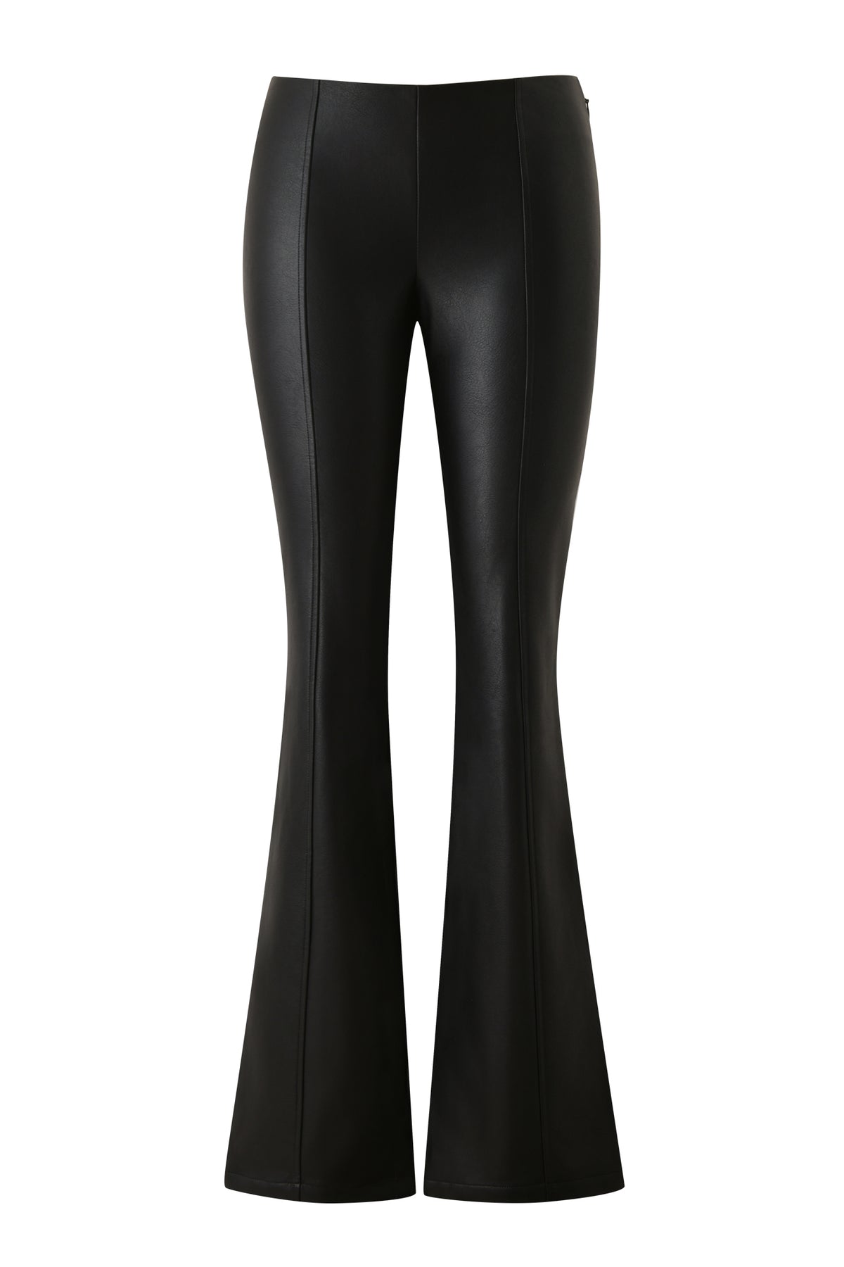 The DUA PU PANT - BLACK by I.AM.GIA are high-waisted faux leather pants in black, featuring decorative piping, front vertical seams, and a chic flared leg silhouette, shown against a plain white background.