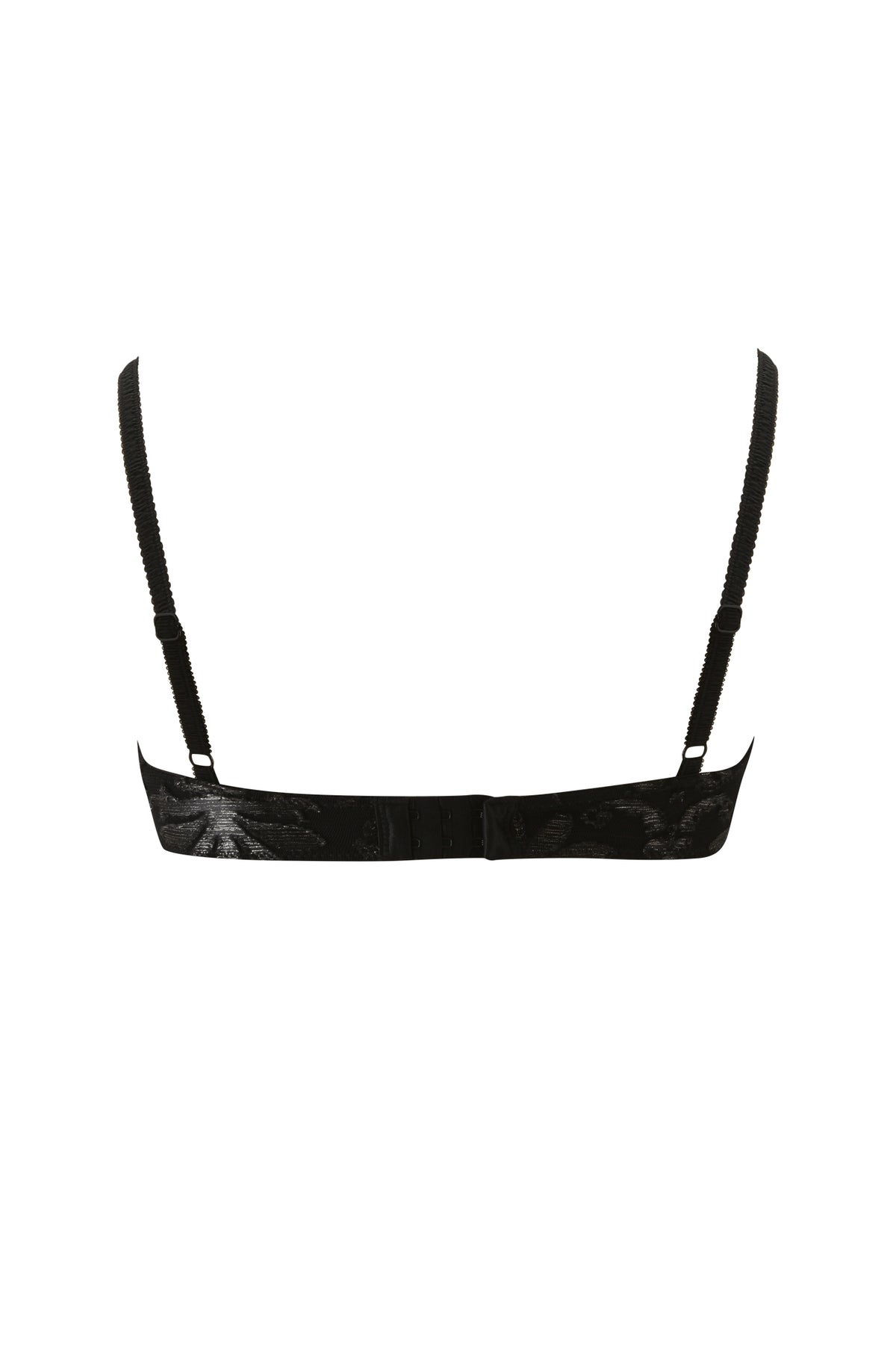 The VERON BRA - BLACK by I.AM.GIA is shown from the back, featuring adjustable straps and a clasp closure against a white background.